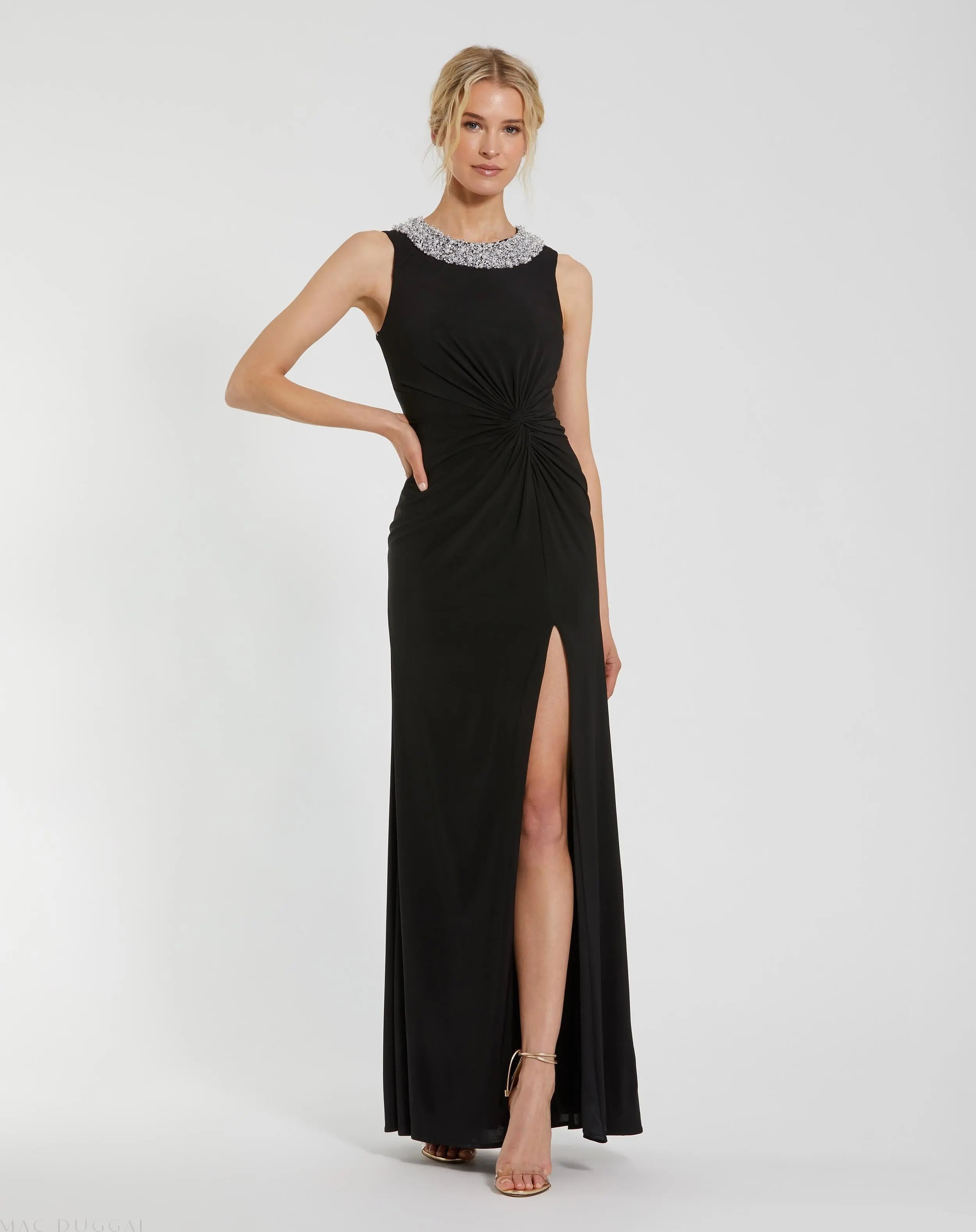 Black Jersey Sleeveless Beaded Neck Gown With Twist-Myartka