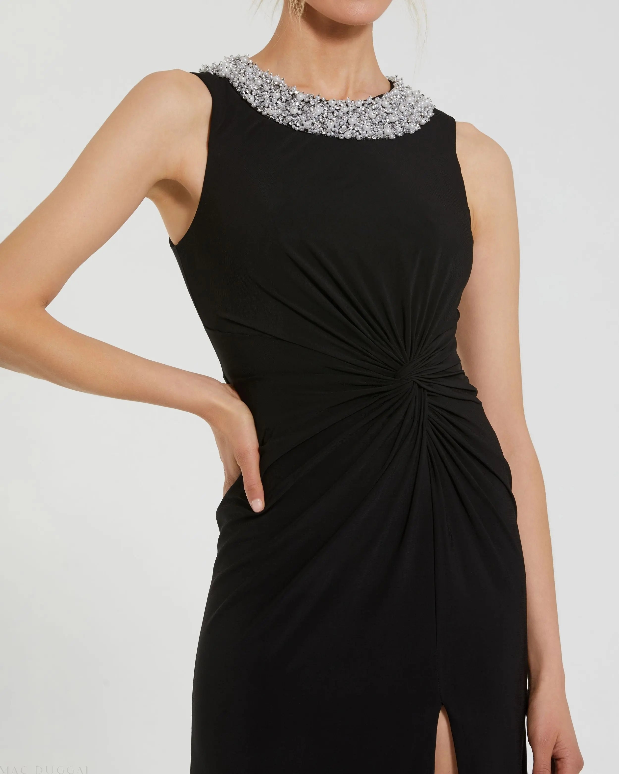 Black Jersey Sleeveless Beaded Neck Gown With Twist-Myartka