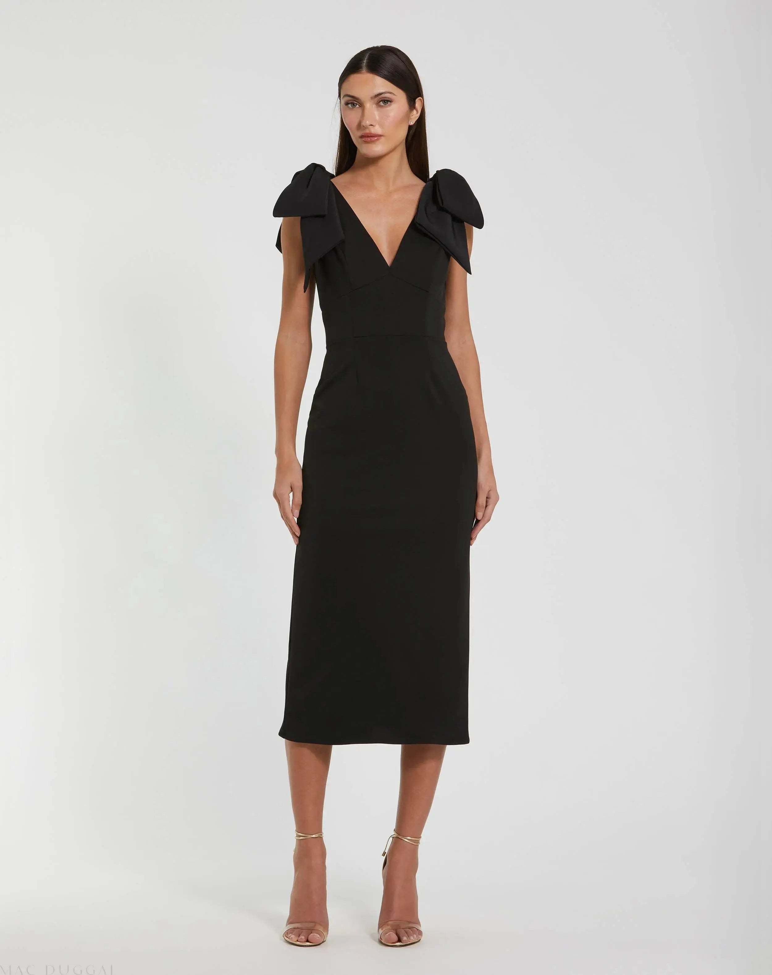 Black Bow Strap Crepe Fitted Midi Dress-Myartka