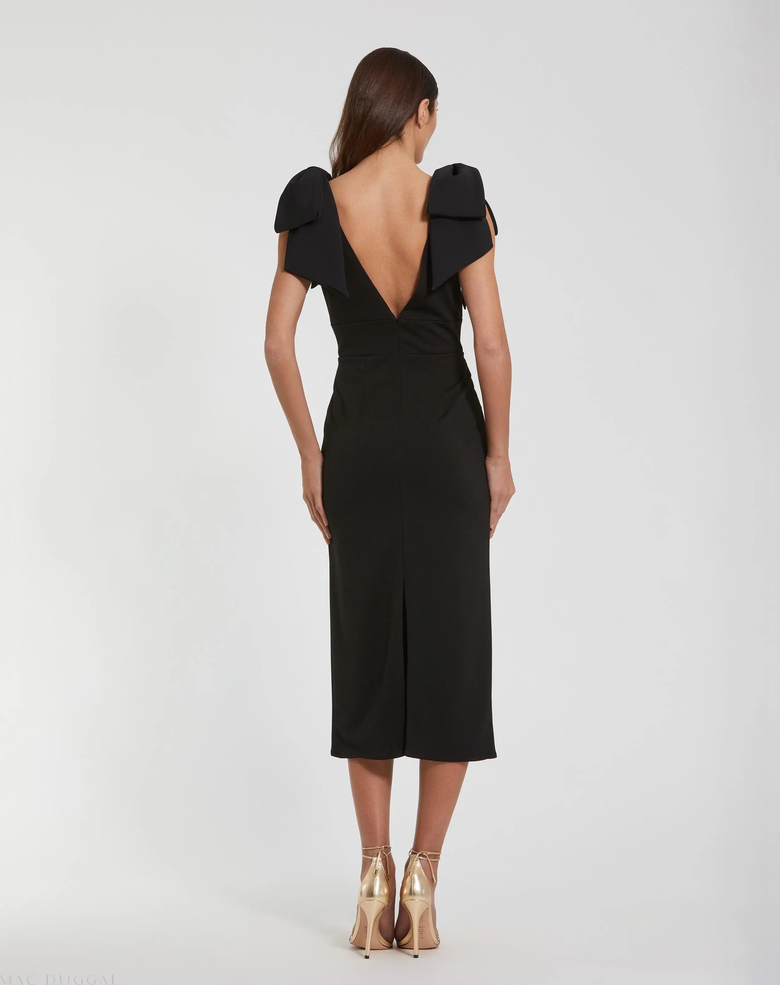 Black Bow Strap Crepe Fitted Midi Dress-Myartka