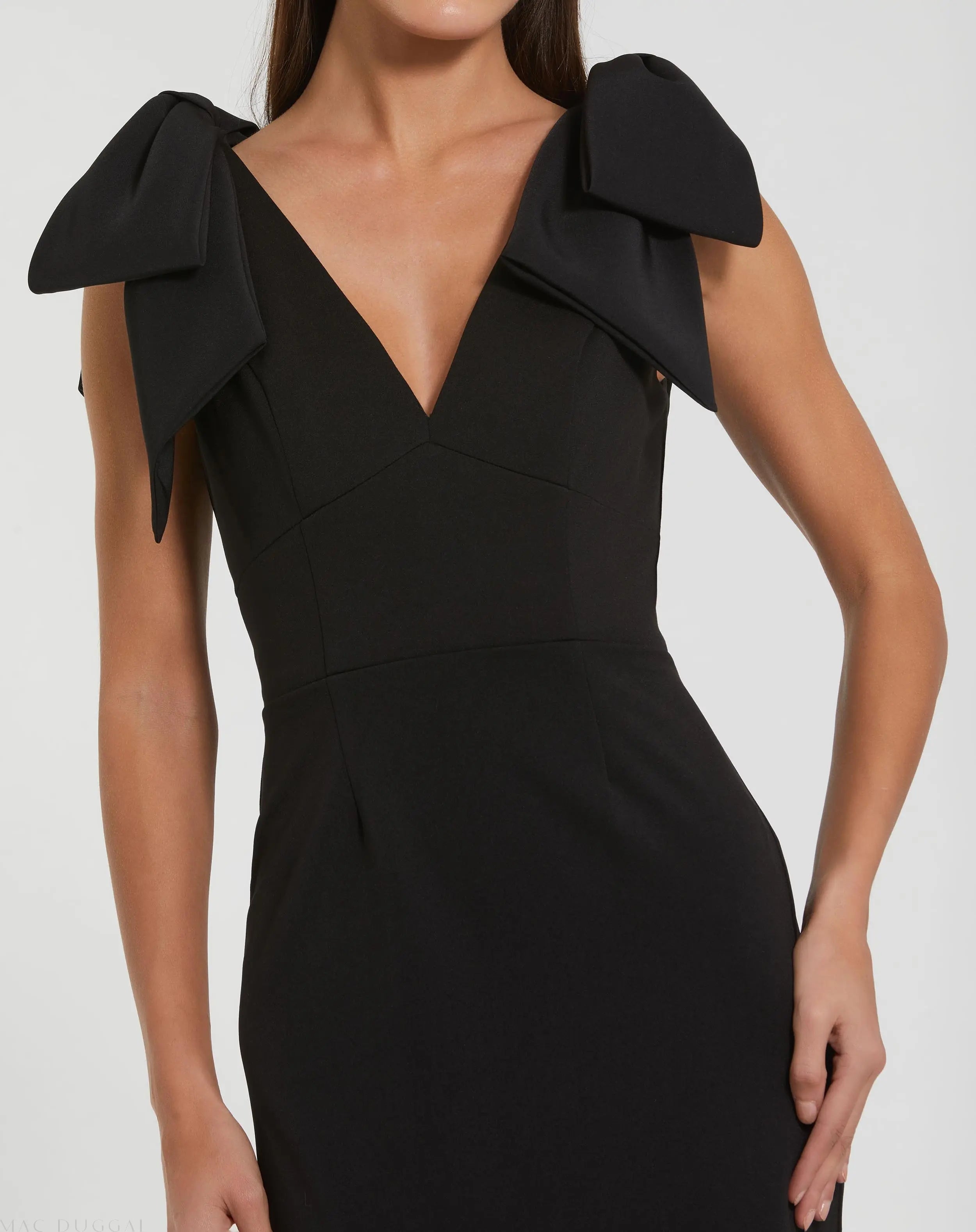 Black Bow Strap Crepe Fitted Midi Dress-Myartka