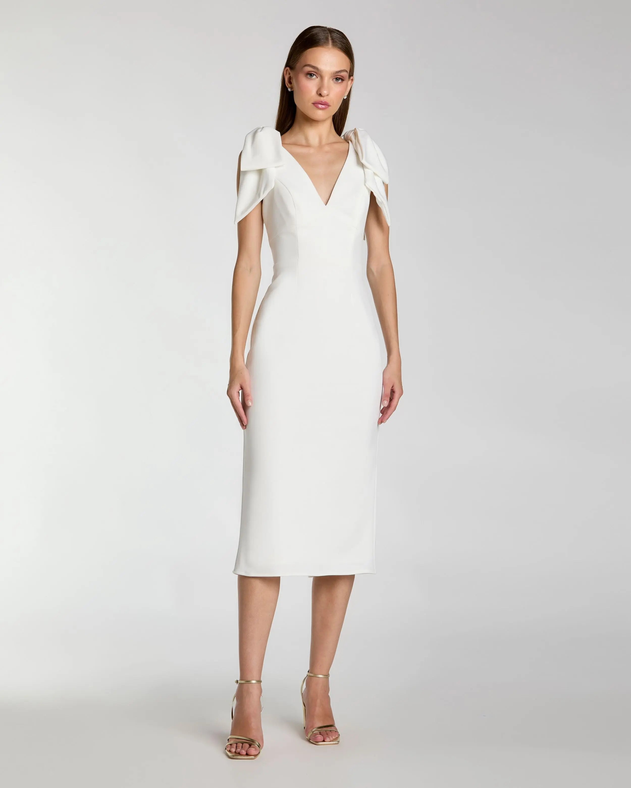 White Sleeveless Crepe Midi Dress with Bow Straps-Myartka