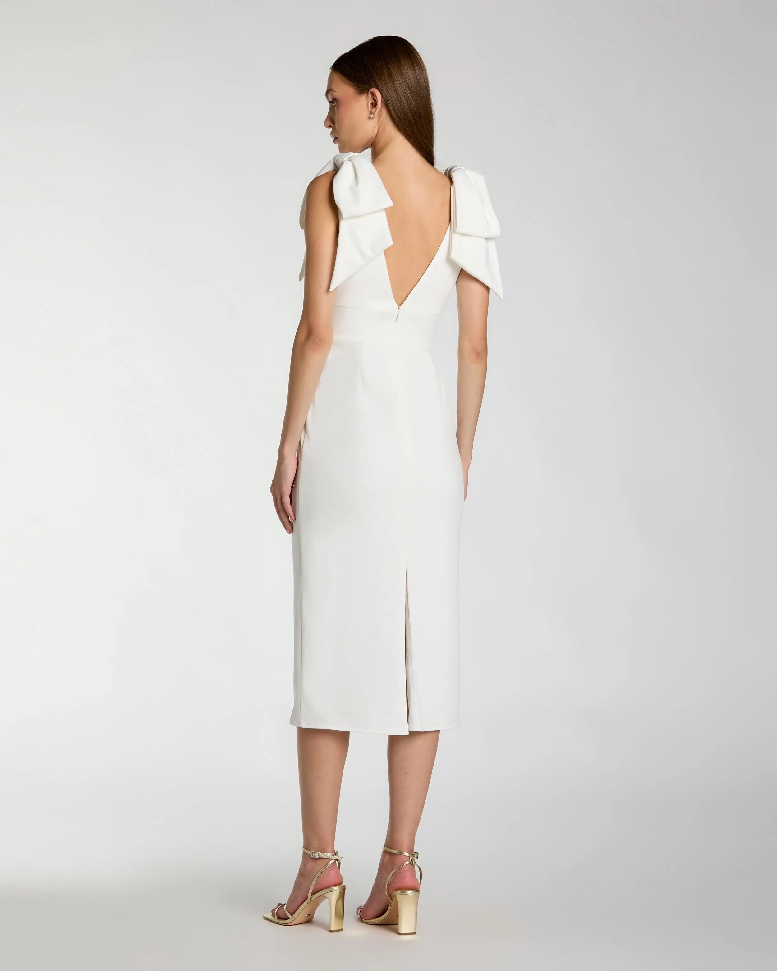 White Sleeveless Crepe Midi Dress with Bow Straps-Myartka