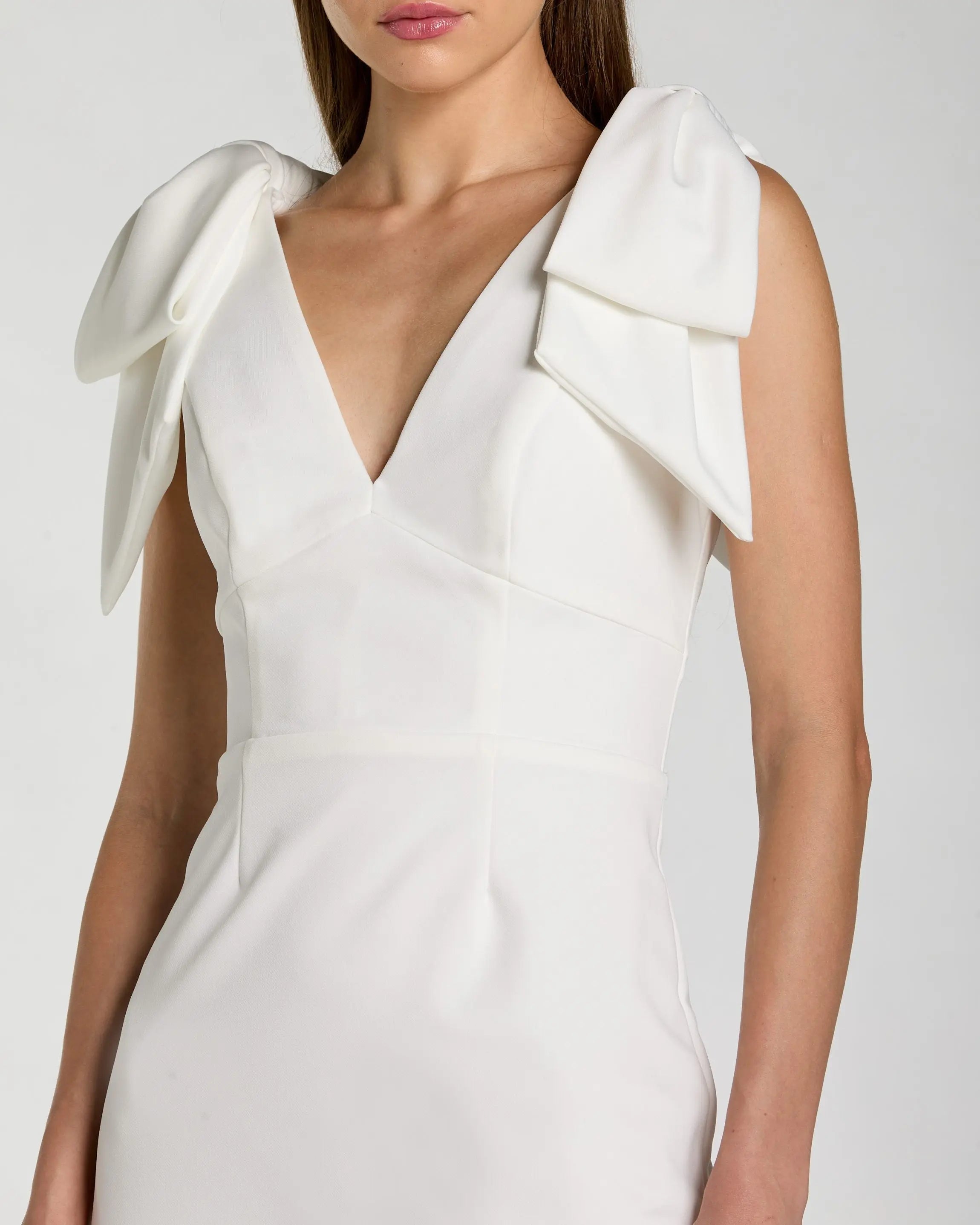 White Sleeveless Crepe Midi Dress with Bow Straps-Myartka