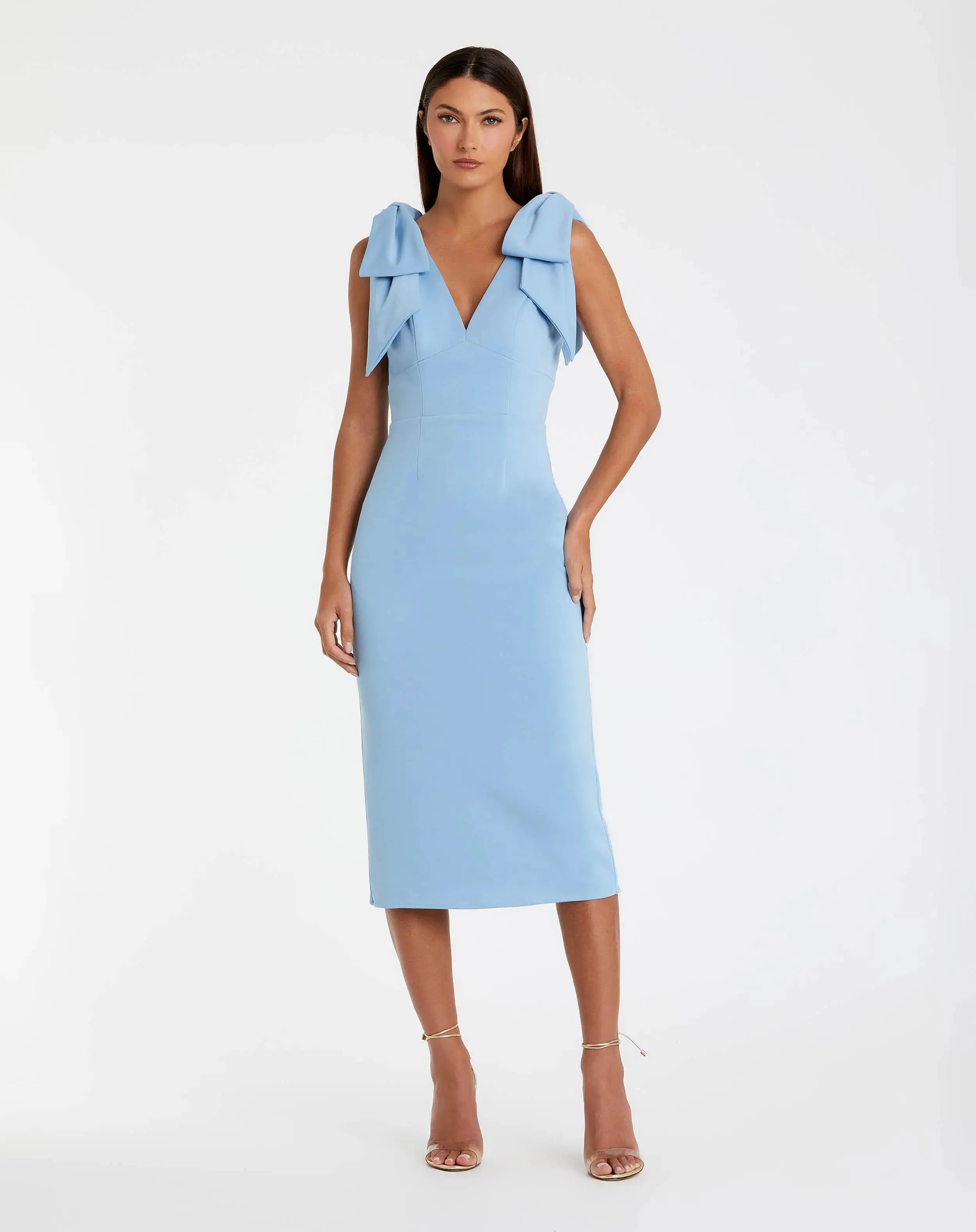 Blue Bow Strap Crepe Fitted Midi Dress-Myartka