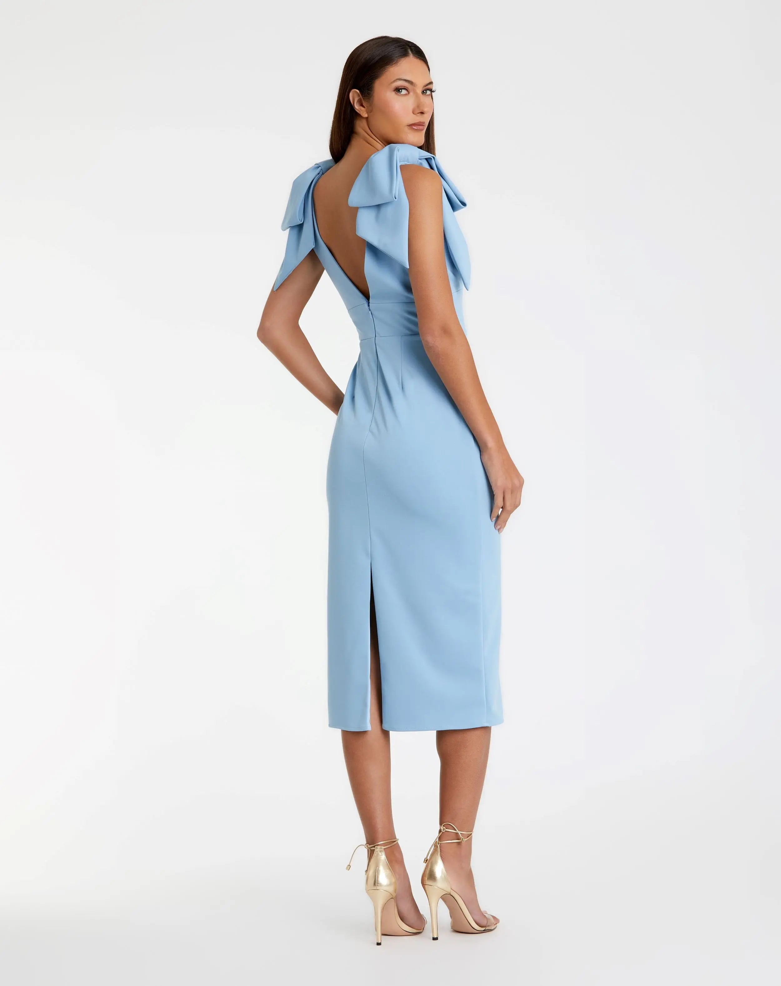 Blue Bow Strap Crepe Fitted Midi Dress-Myartka