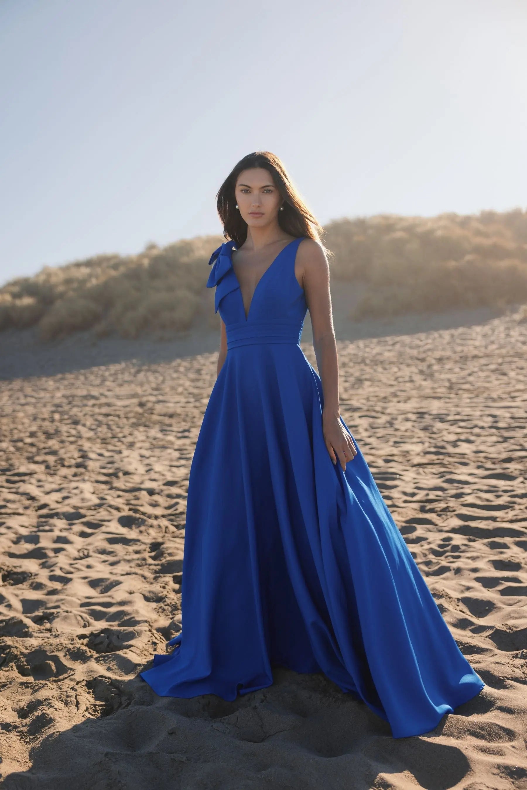 Blue Sleeveless Plunge Neck Ball Gown With Bow Detail-Myartka