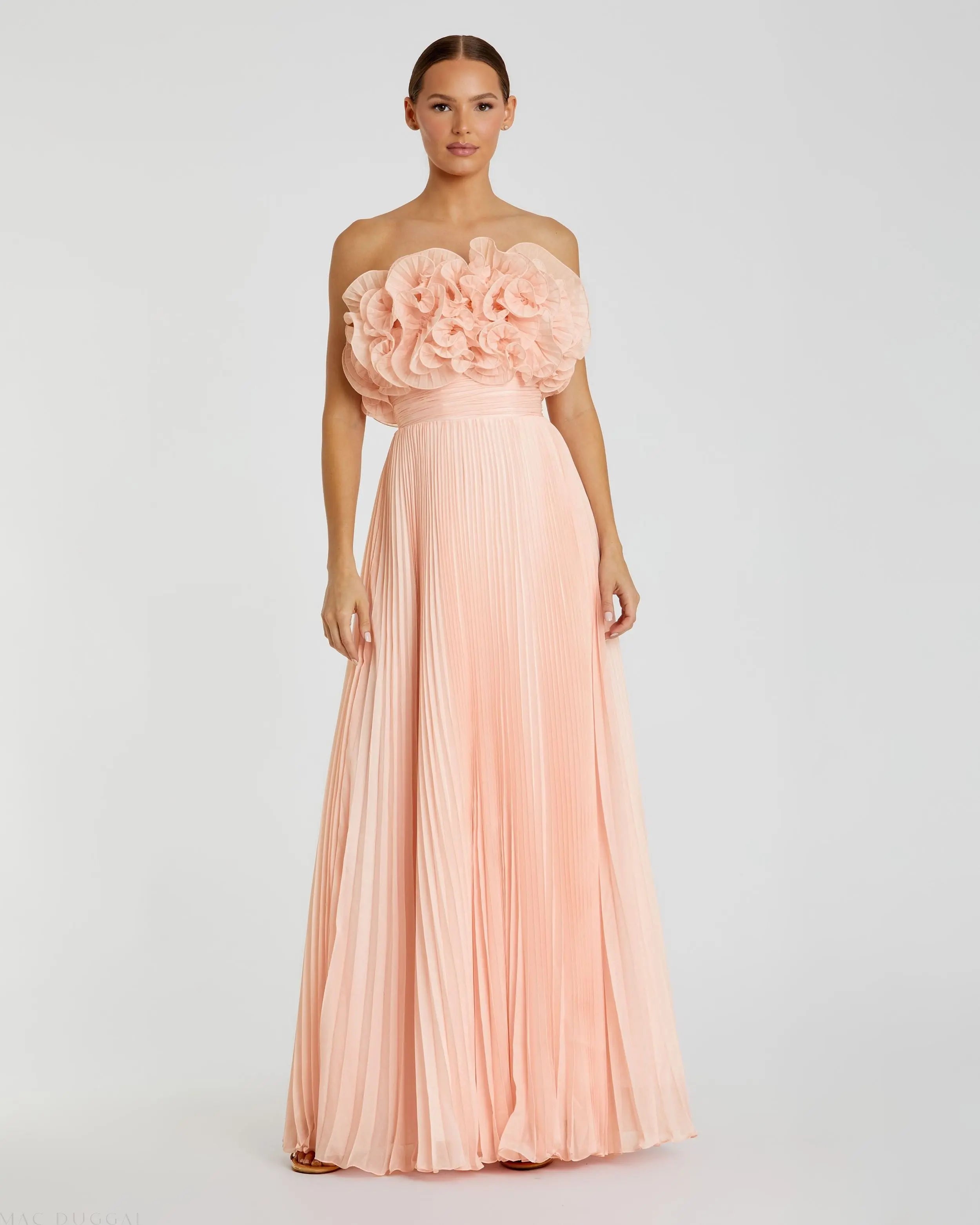 Pink Pleated Chiffon Strapless Gown With Ruffles-Myartka