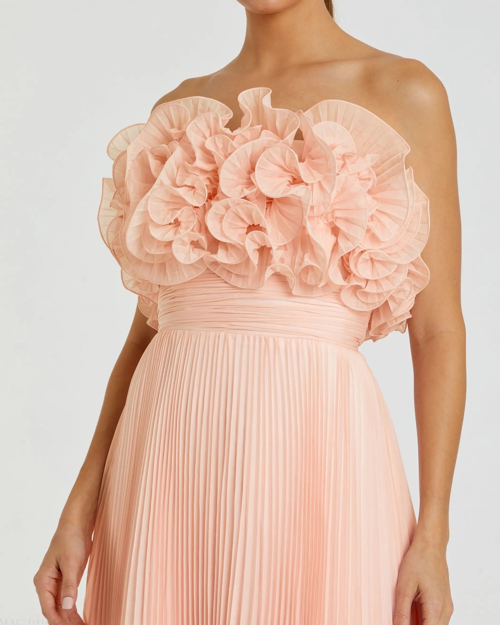 Pink Pleated Chiffon Strapless Gown With Ruffles-Myartka