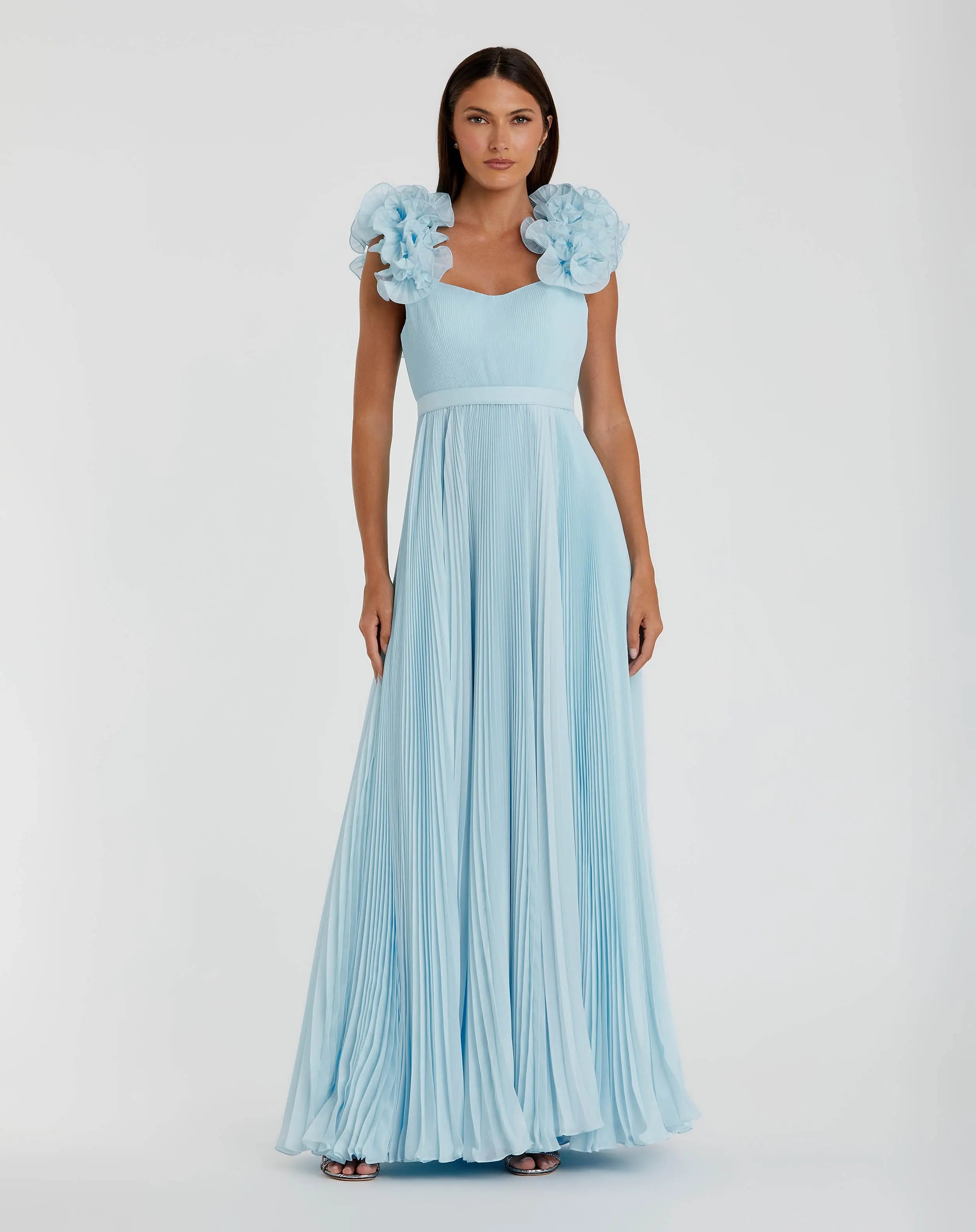 Blue Pleated Organza Gown With Ruffle Straps-Myartka