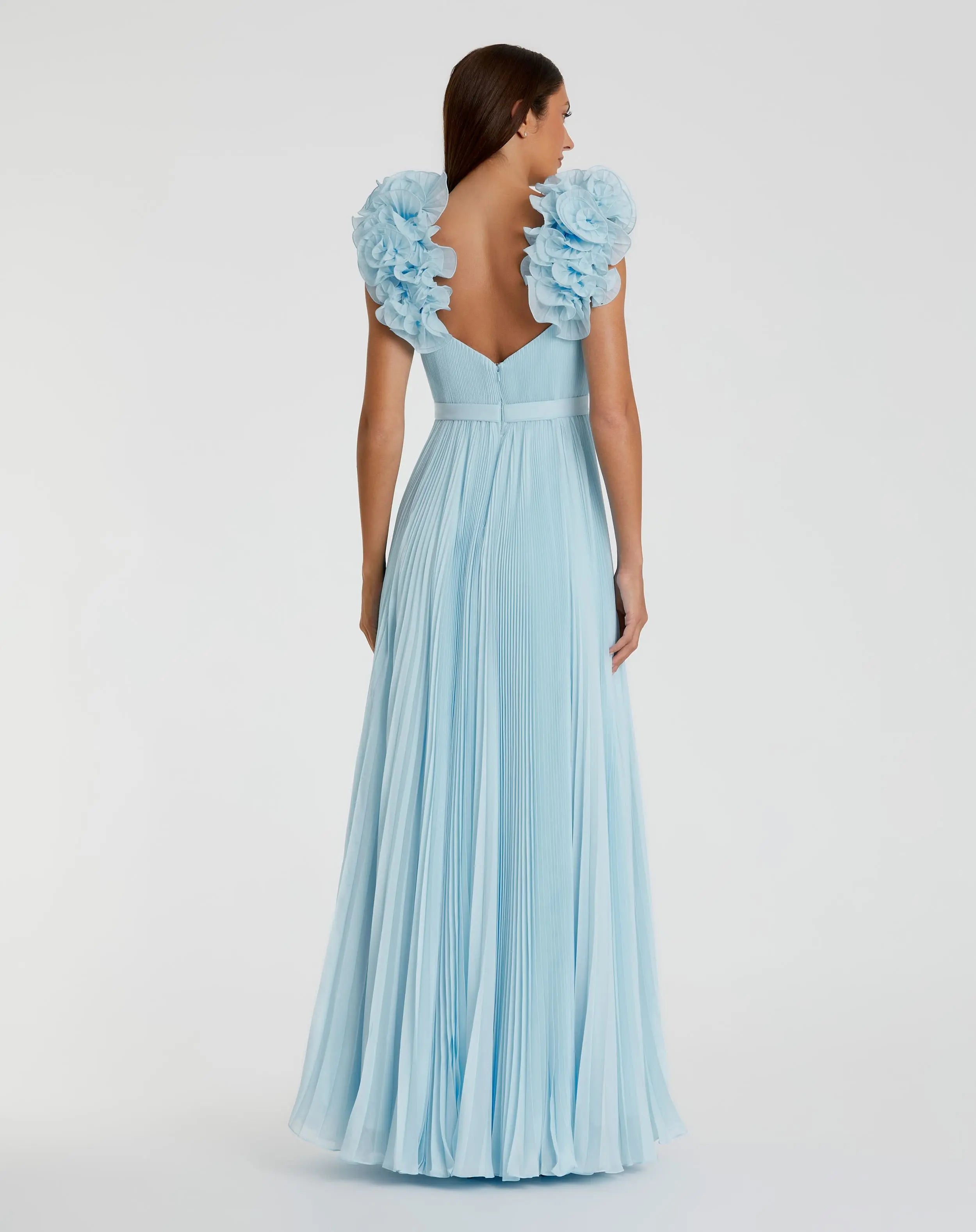 Blue Pleated Organza Gown With Ruffle Straps-Myartka