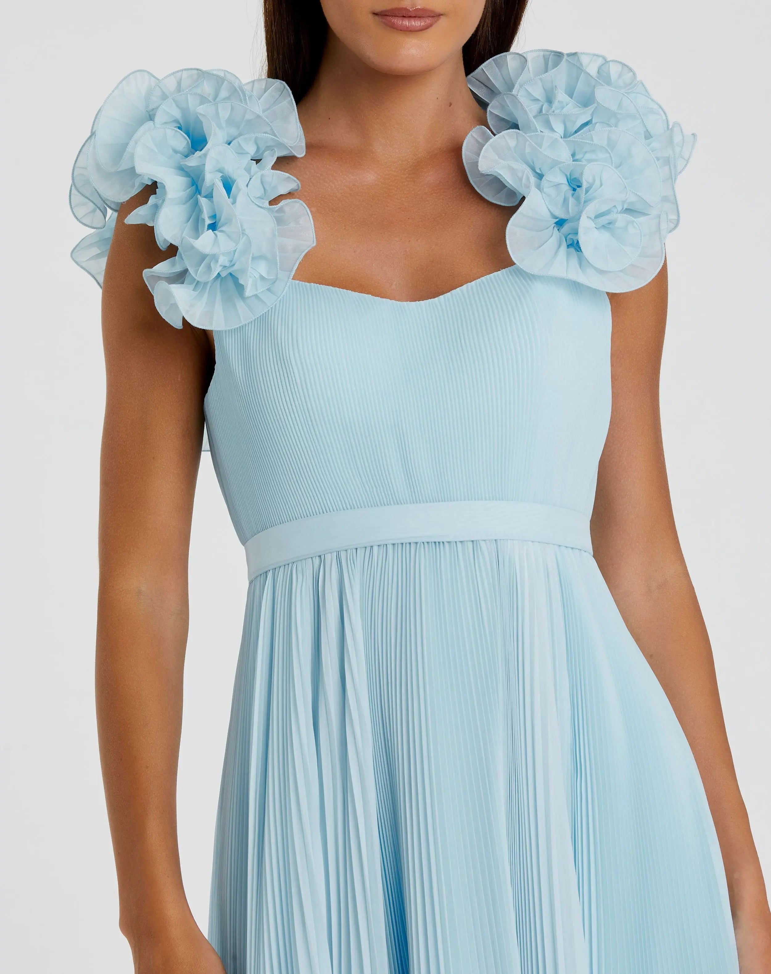 Blue Pleated Organza Gown With Ruffle Straps-Myartka