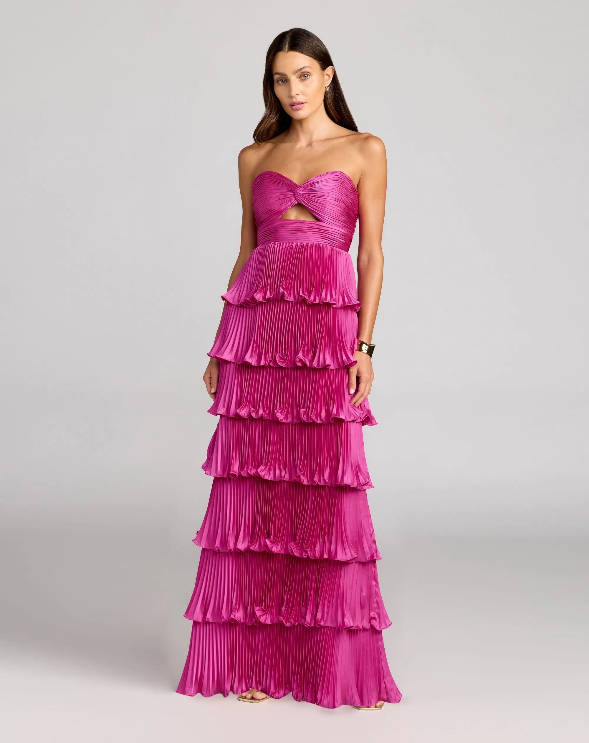 Dark Pink Pleated Charmeuse Strapless Tiered Ruffle Gown-Myartka