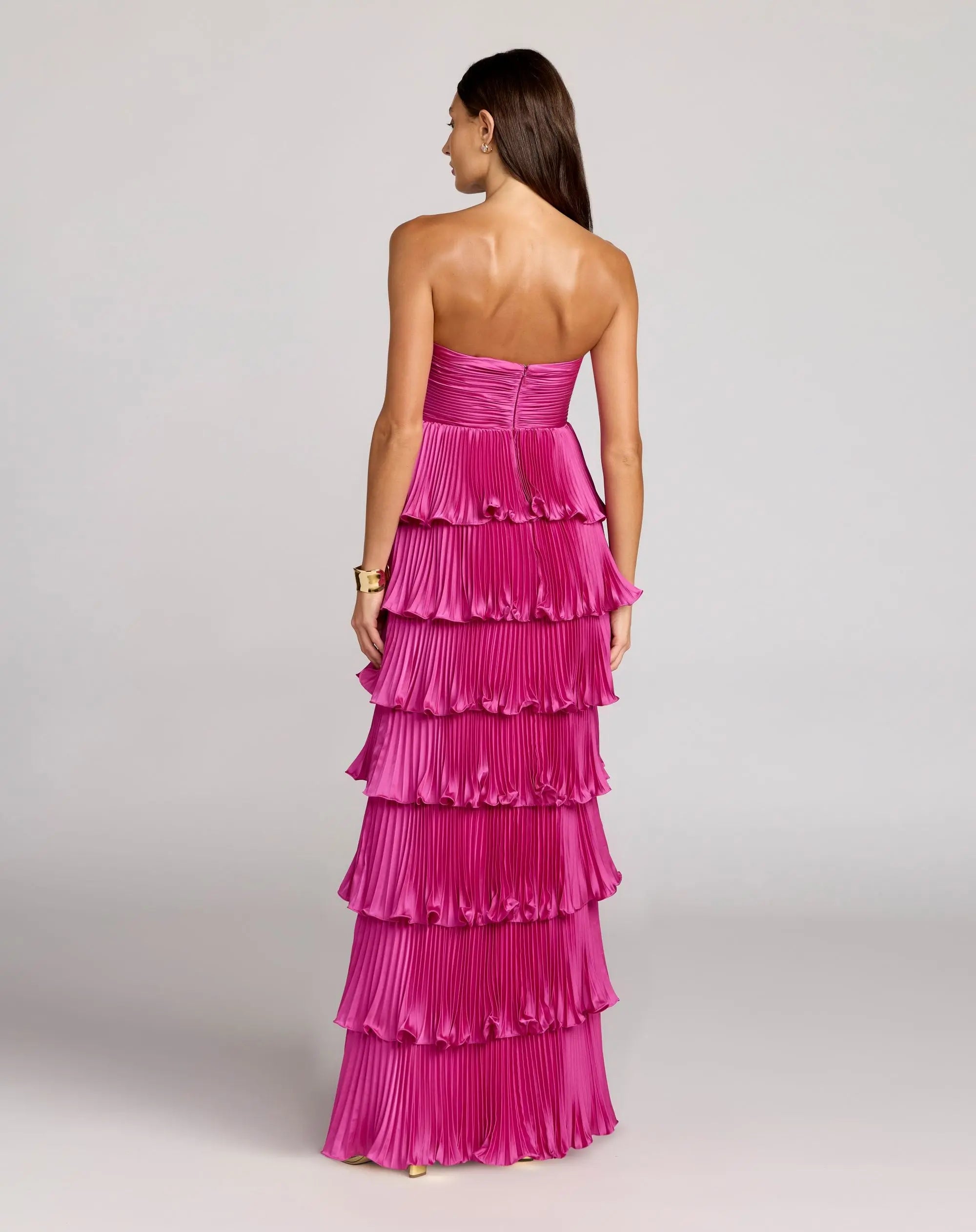 Dark Pink Pleated Charmeuse Strapless Tiered Ruffle Gown-Myartka