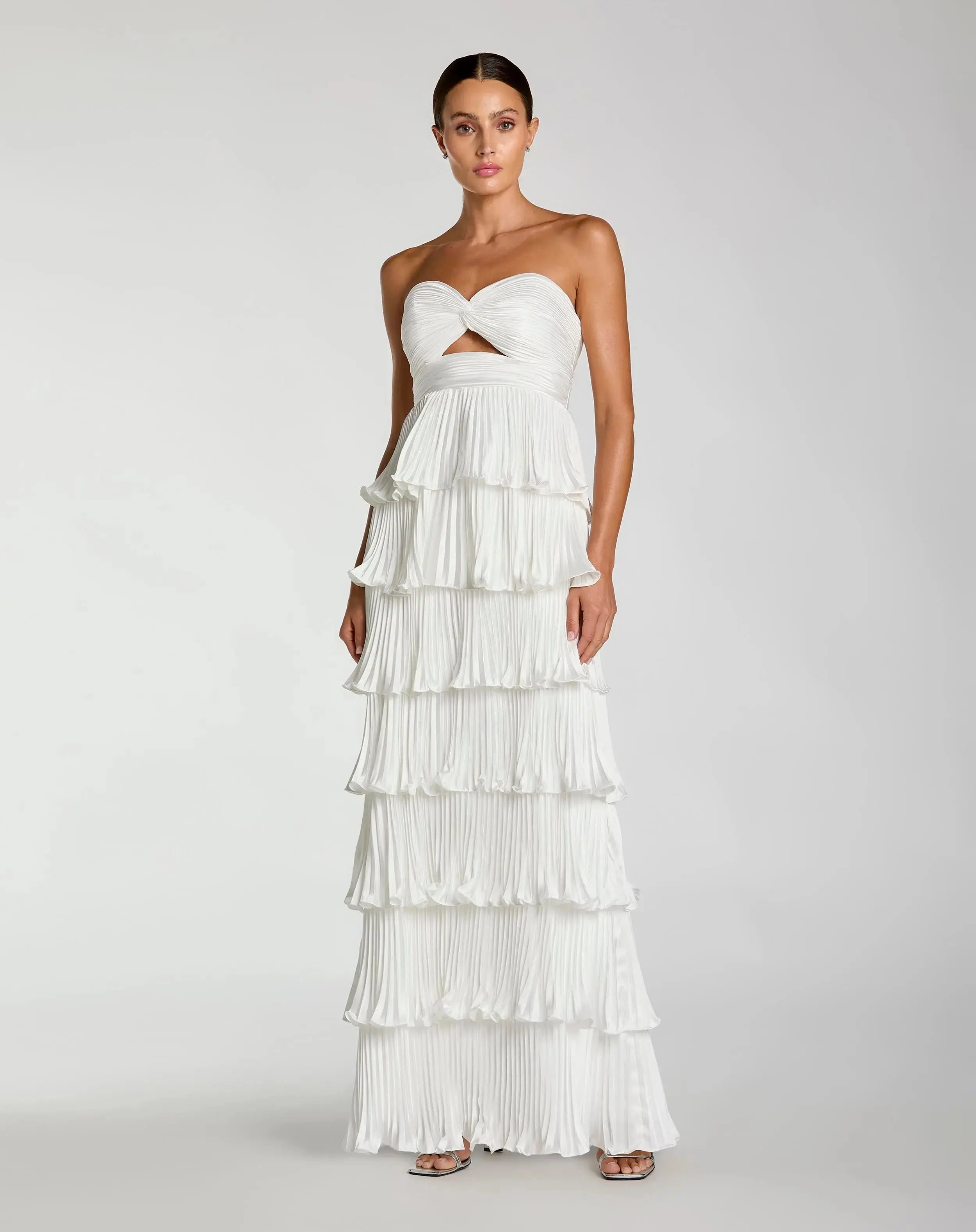 White Pleated Charmeuse Strapless Tiered Ruffle Gown-Myartka