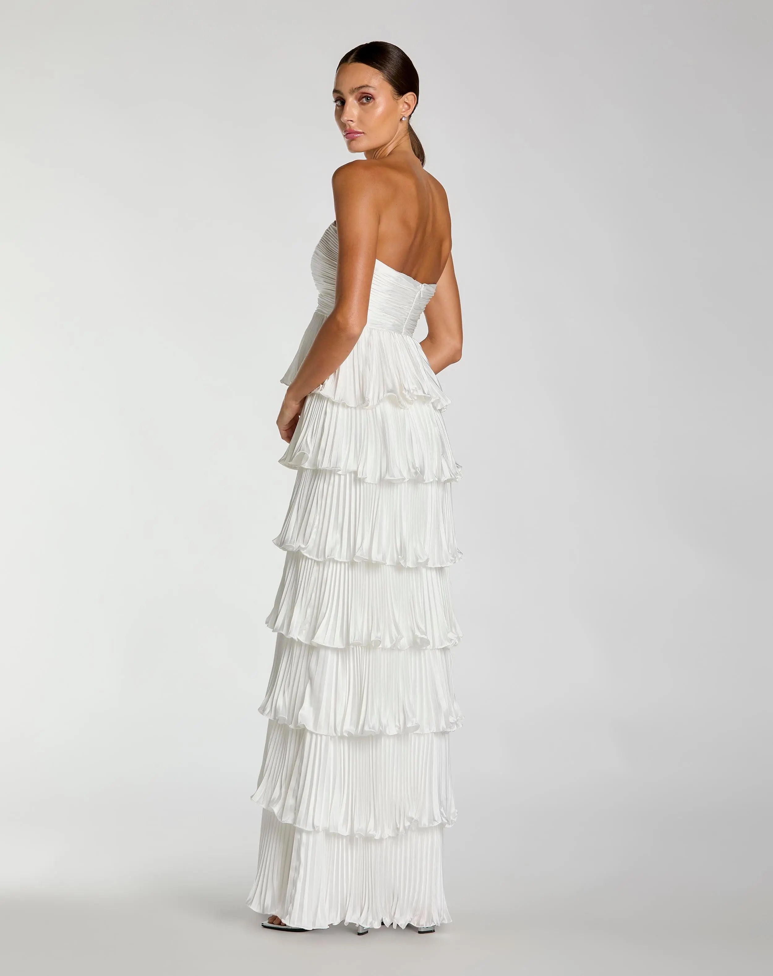 White Pleated Charmeuse Strapless Tiered Ruffle Gown-Myartka