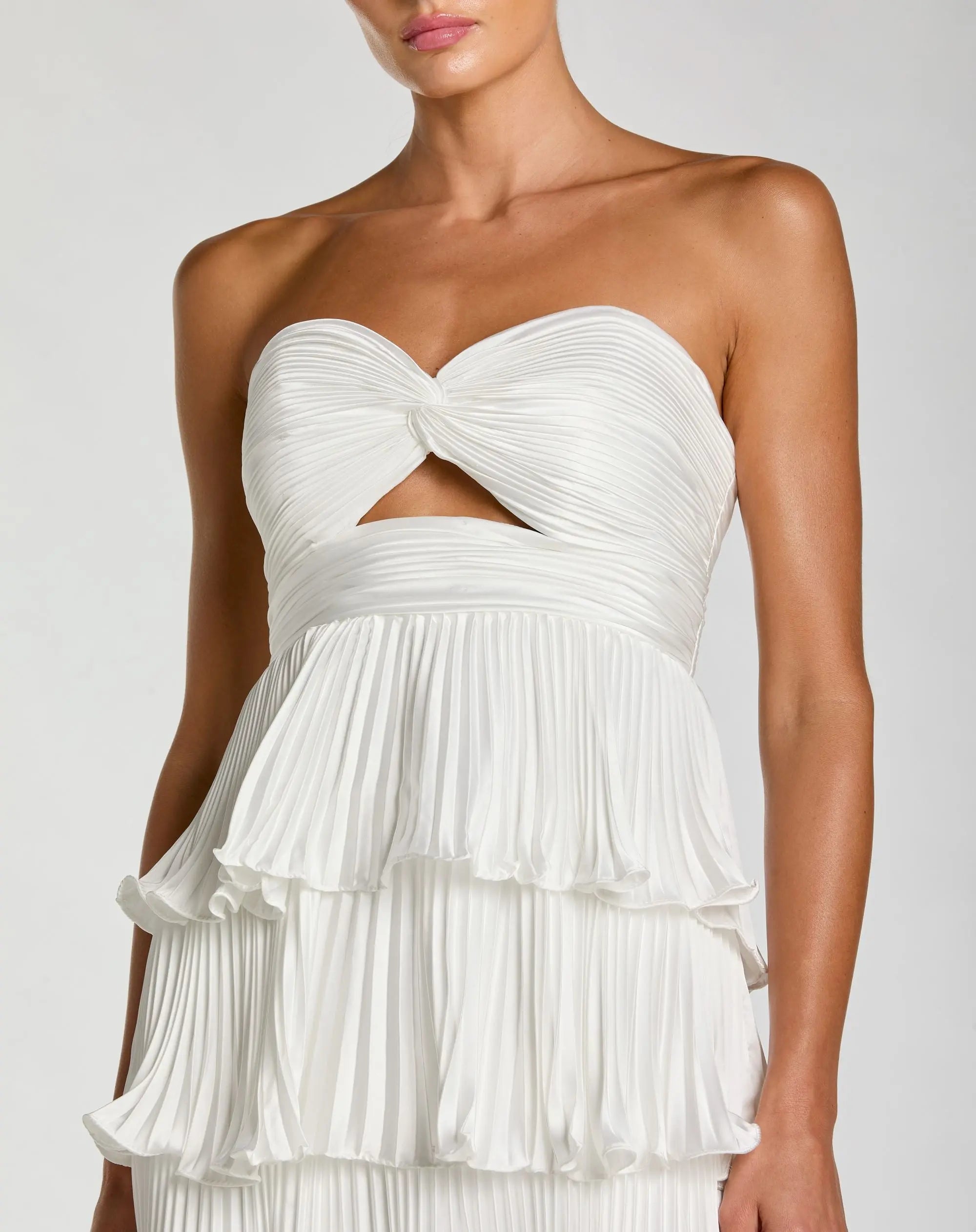 White Pleated Charmeuse Strapless Tiered Ruffle Gown-Myartka