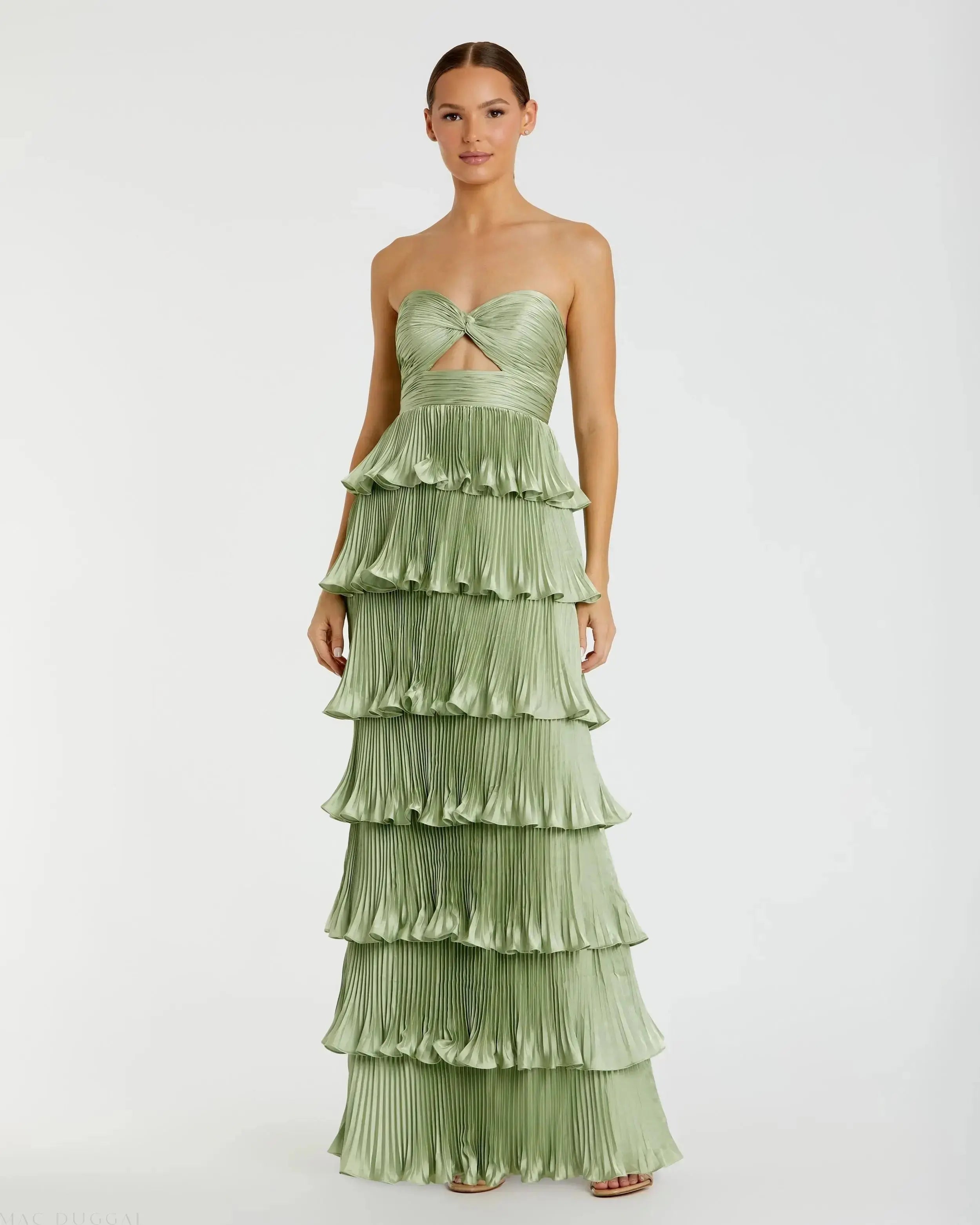 Green Pleated Charmeuse Strapless Tiered Ruffle Gown-Myartka