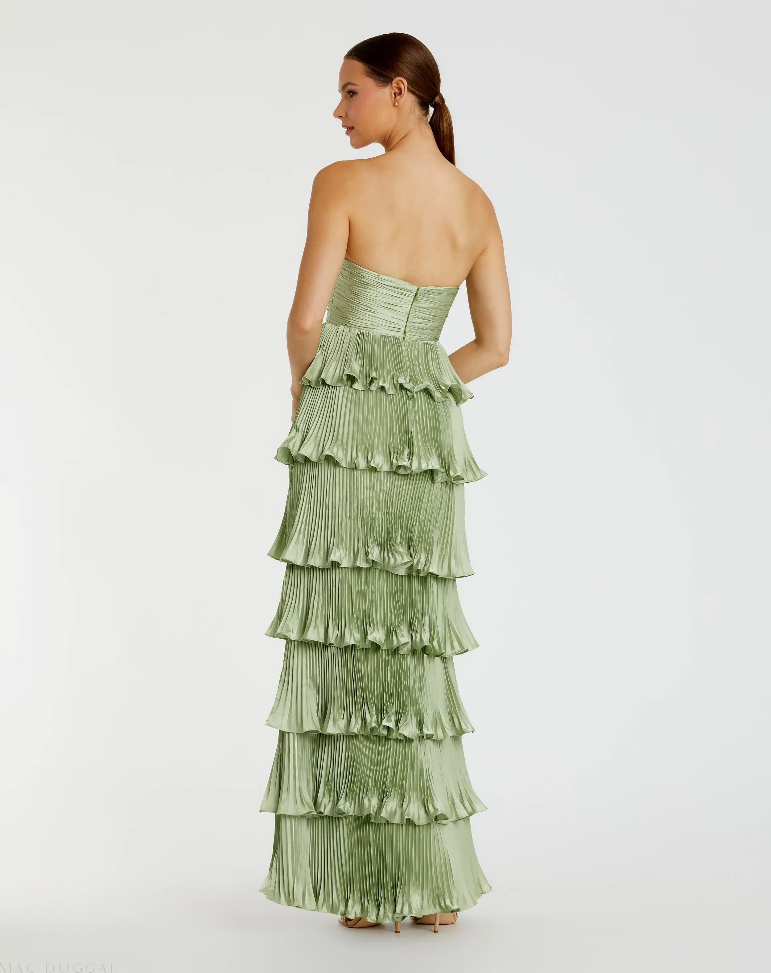Green Pleated Charmeuse Strapless Tiered Ruffle Gown-Myartka