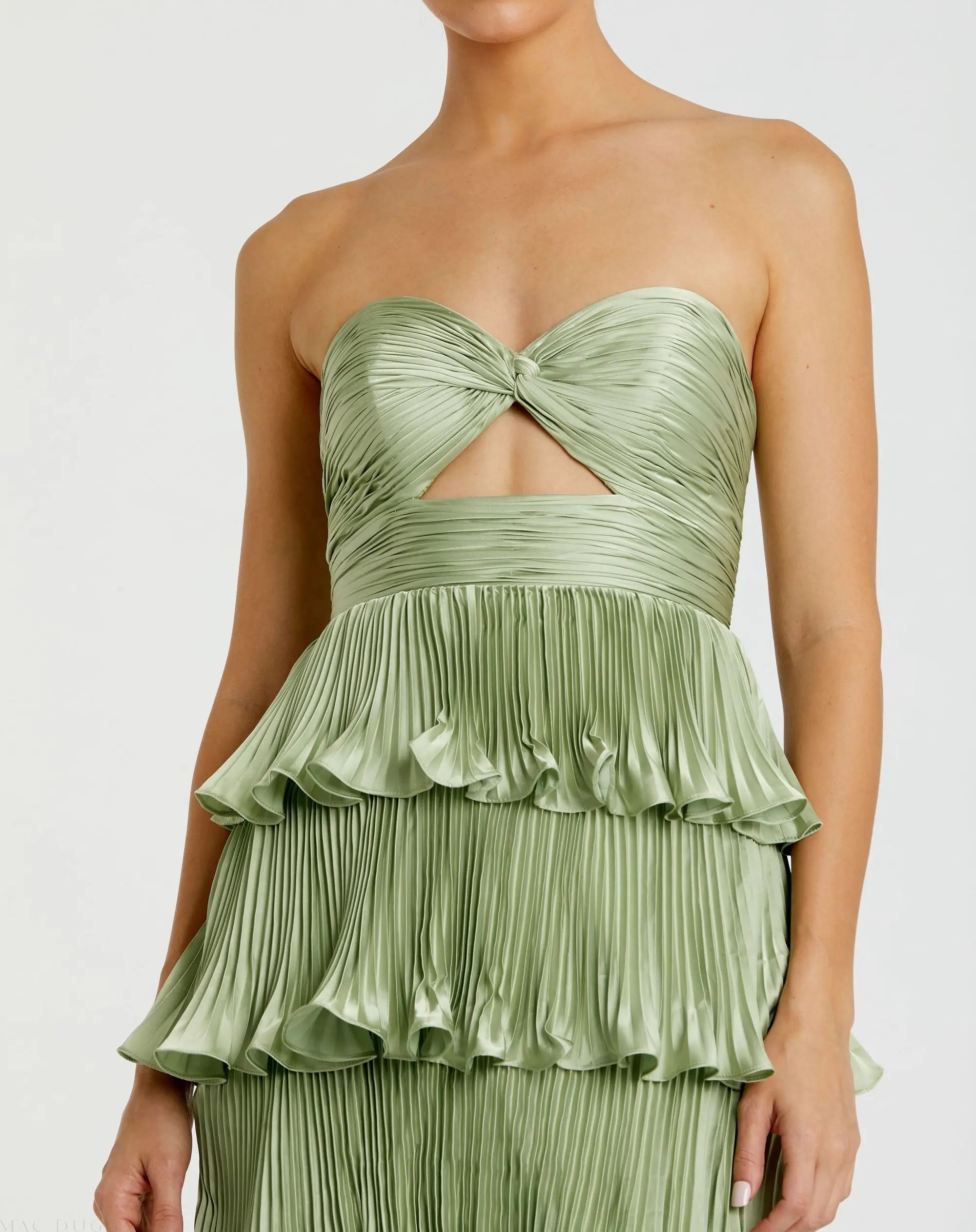 Green Pleated Charmeuse Strapless Tiered Ruffle Gown-Myartka