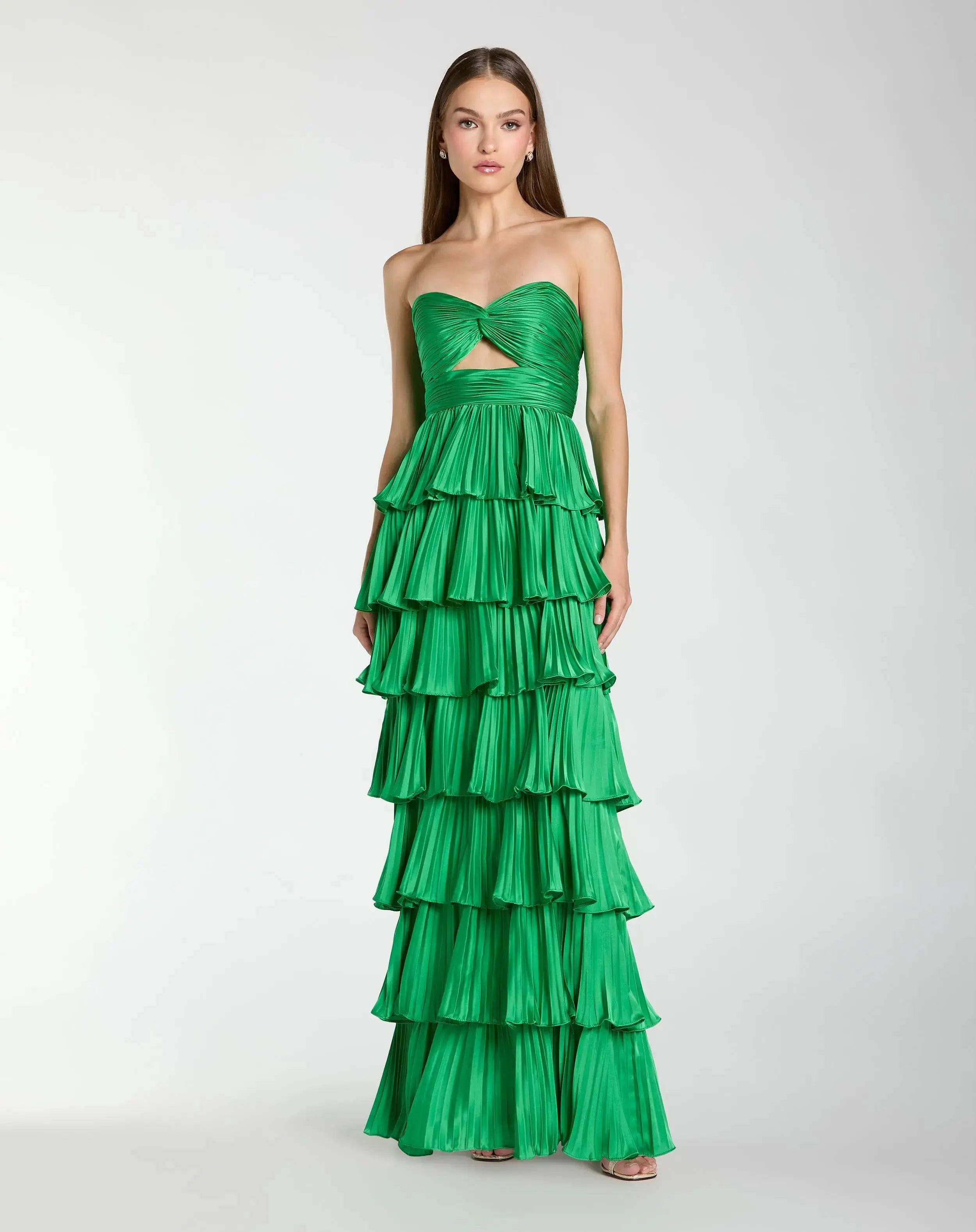 Dark Green Pleated Charmeuse Strapless Tiered Ruffle Gown-Myartka