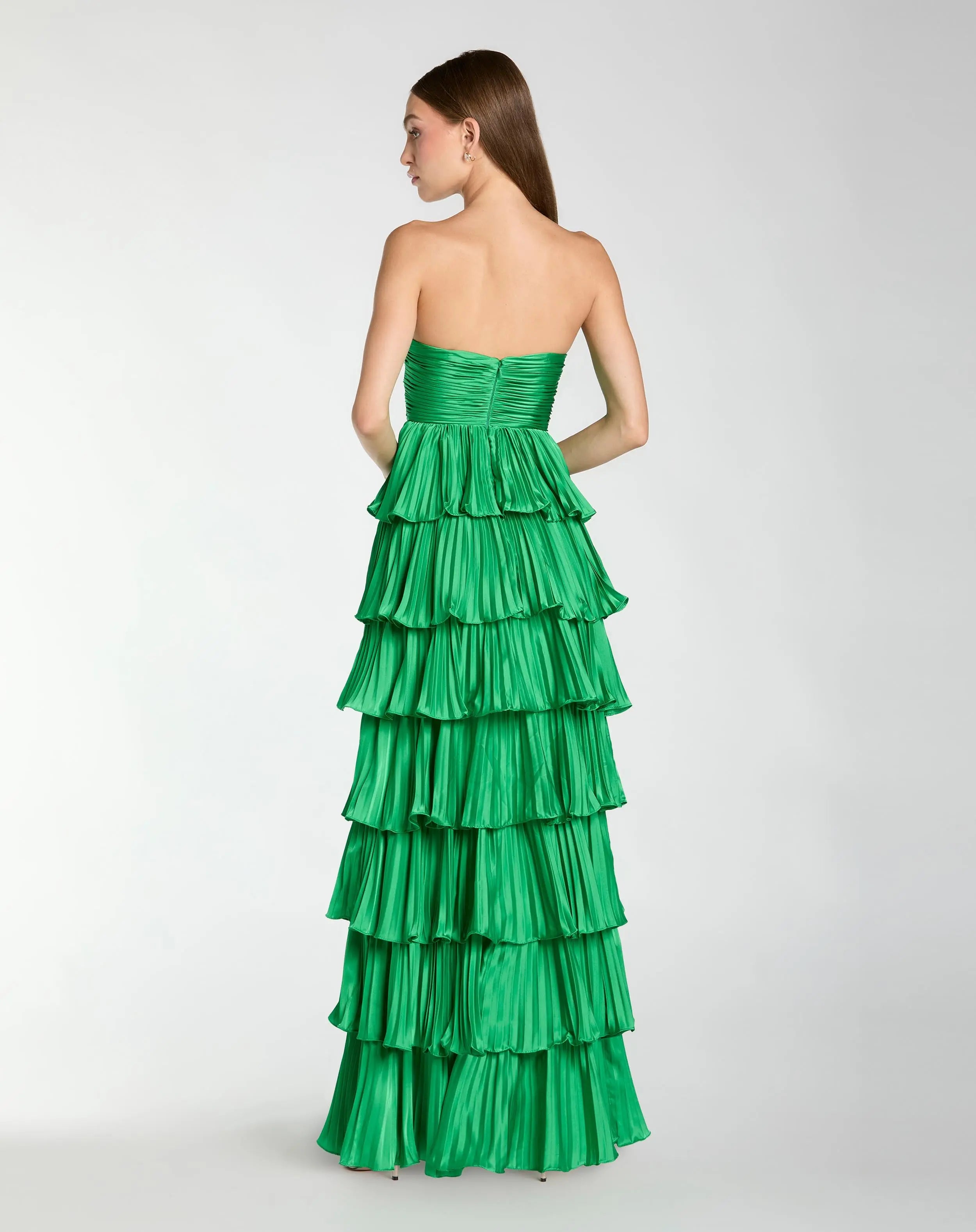 Dark Green Pleated Charmeuse Strapless Tiered Ruffle Gown-Myartka