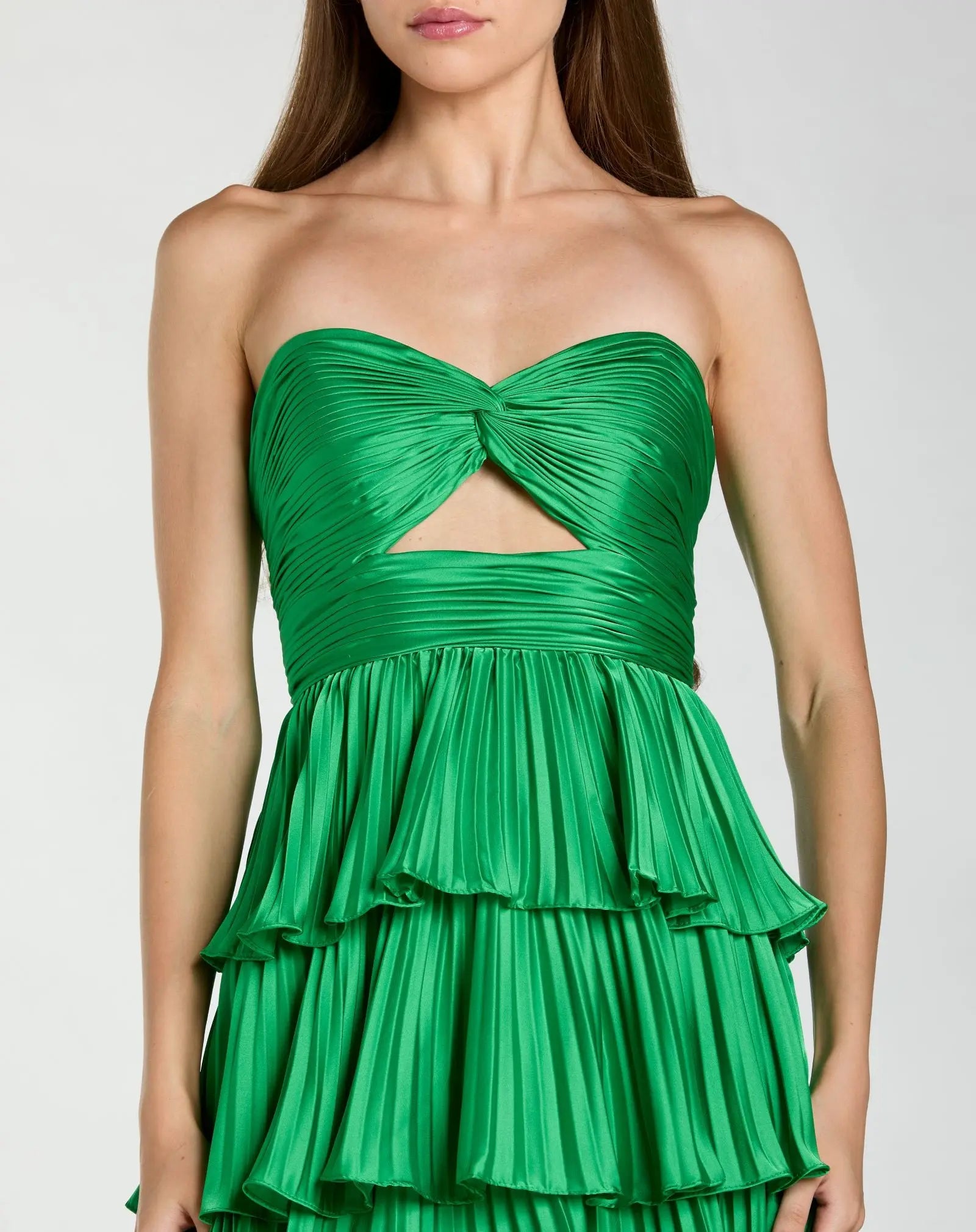 Dark Green Pleated Charmeuse Strapless Tiered Ruffle Gown-Myartka