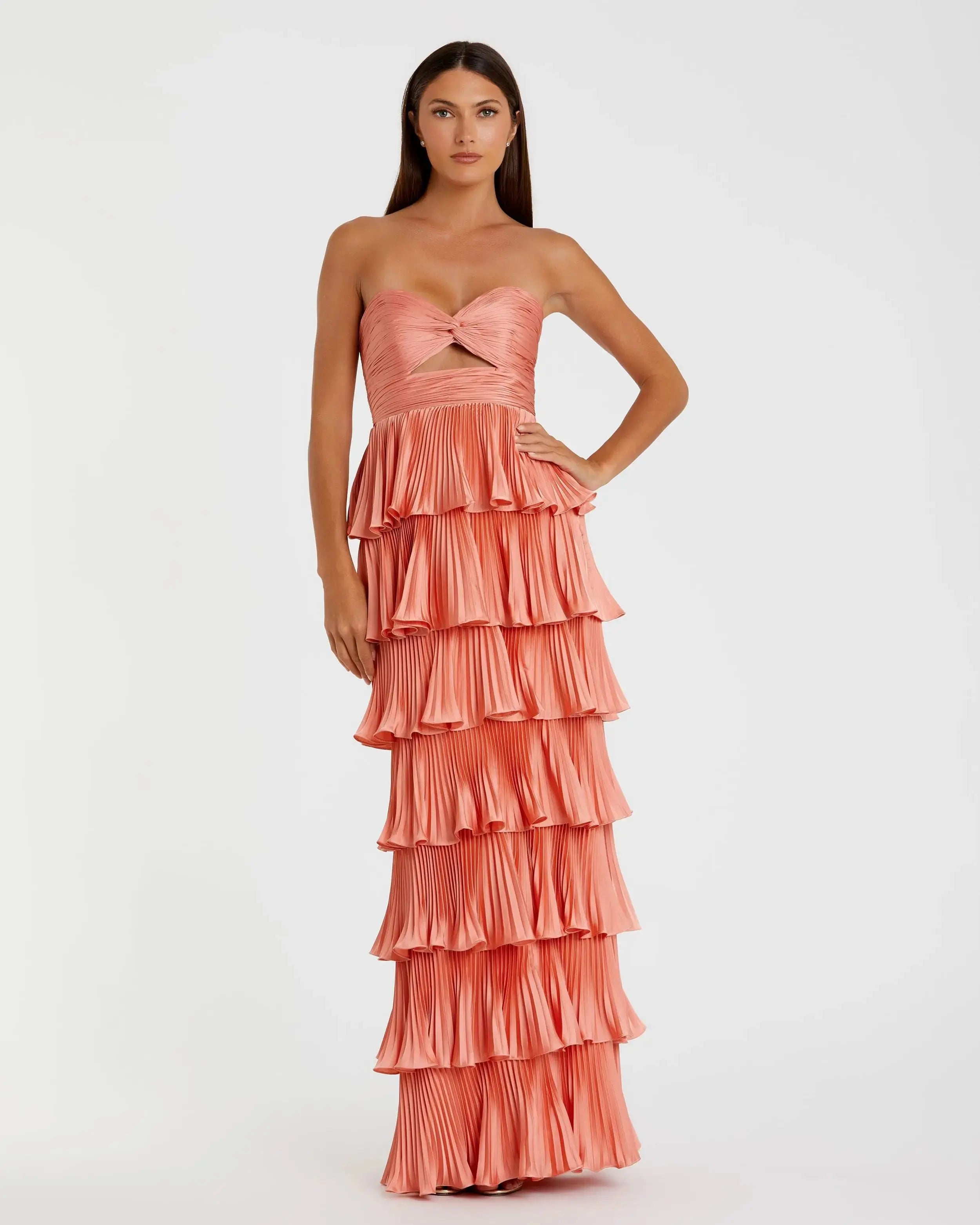 Pink Pleated Charmeuse Strapless Tiered Ruffle Gown-Myartka