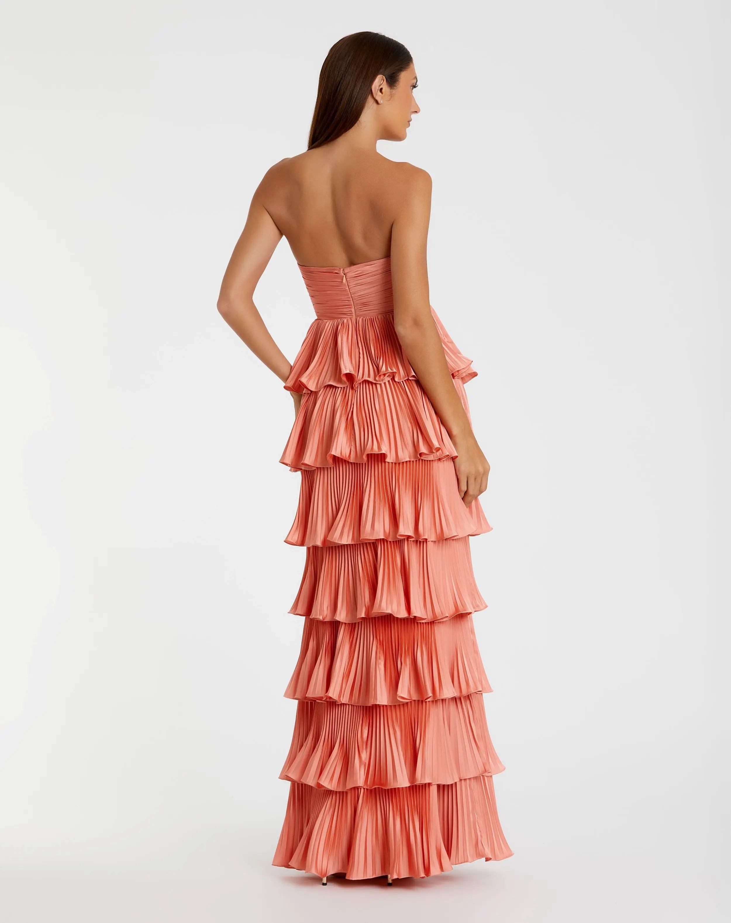 Pink Pleated Charmeuse Strapless Tiered Ruffle Gown-Myartka