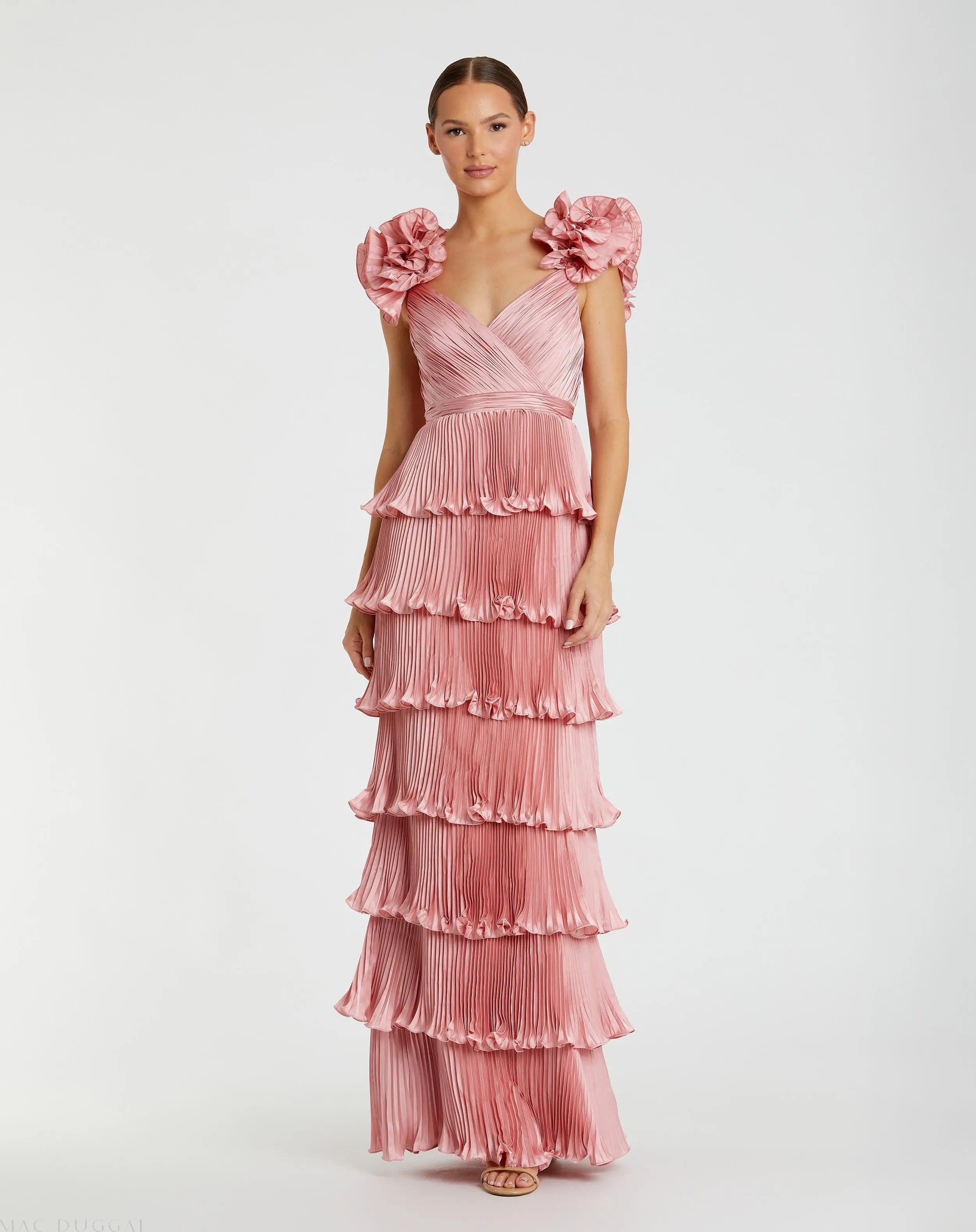 Pink Pleated Charmeuse Tiered Gown With Ruffle Straps-Myartka