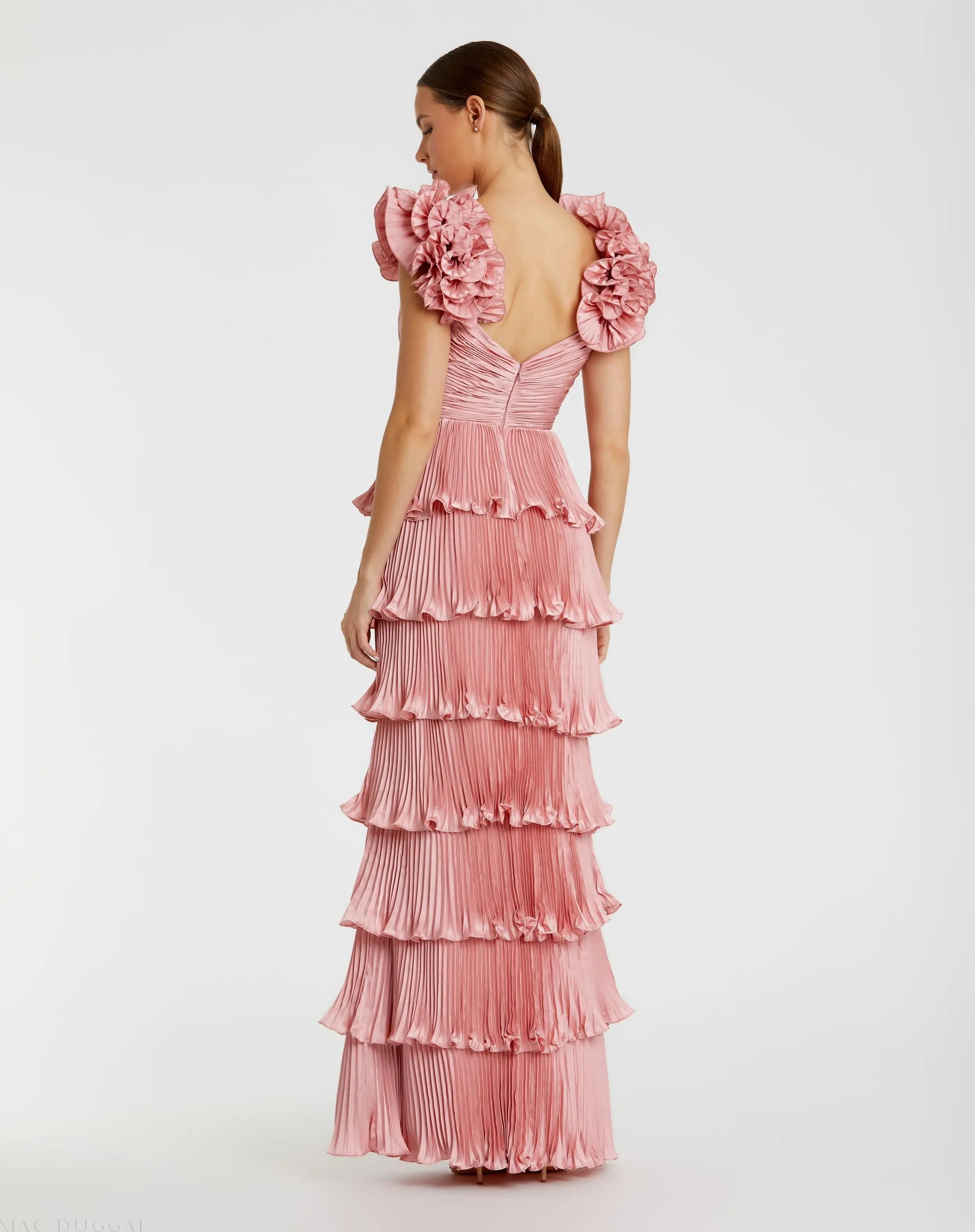 Pink Pleated Charmeuse Tiered Gown With Ruffle Straps-Myartka