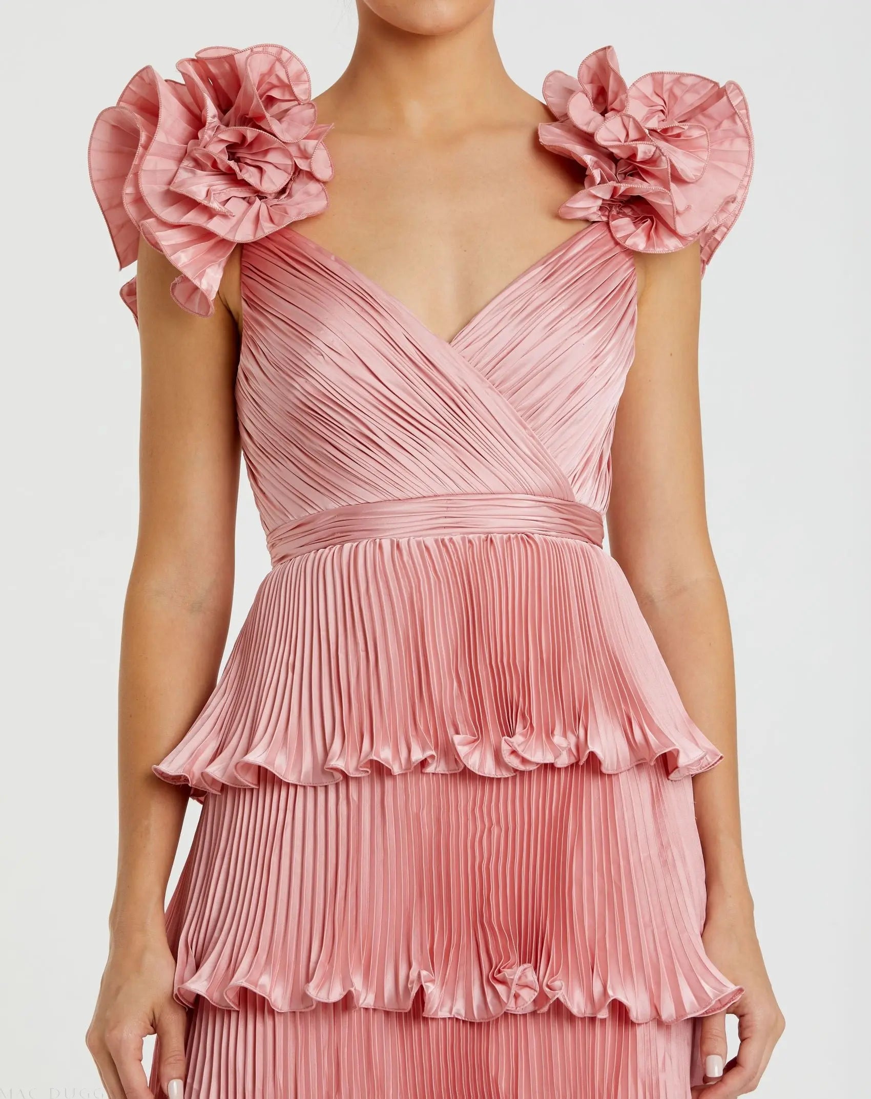 Pink Pleated Charmeuse Tiered Gown With Ruffle Straps-Myartka
