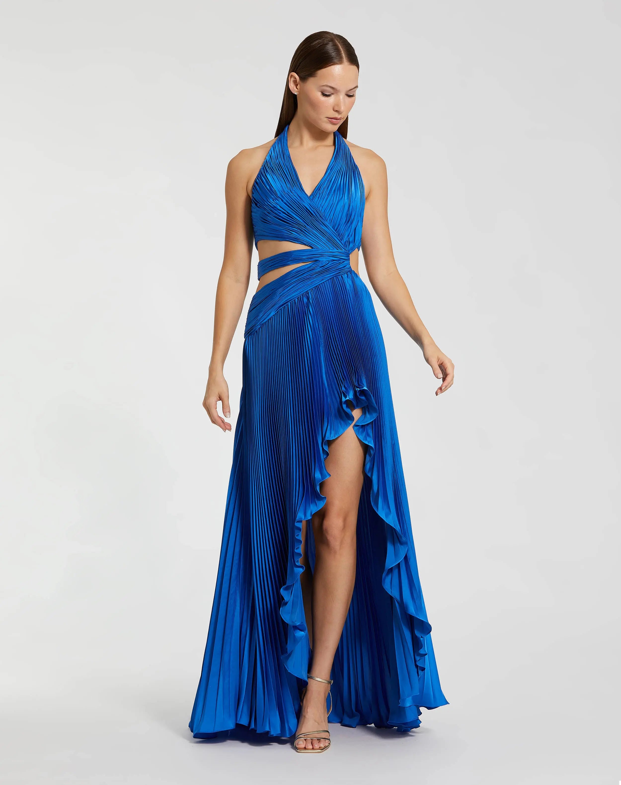 Blue Halter Neck Pleated Charmeuse Cut Out Gown-Myartka