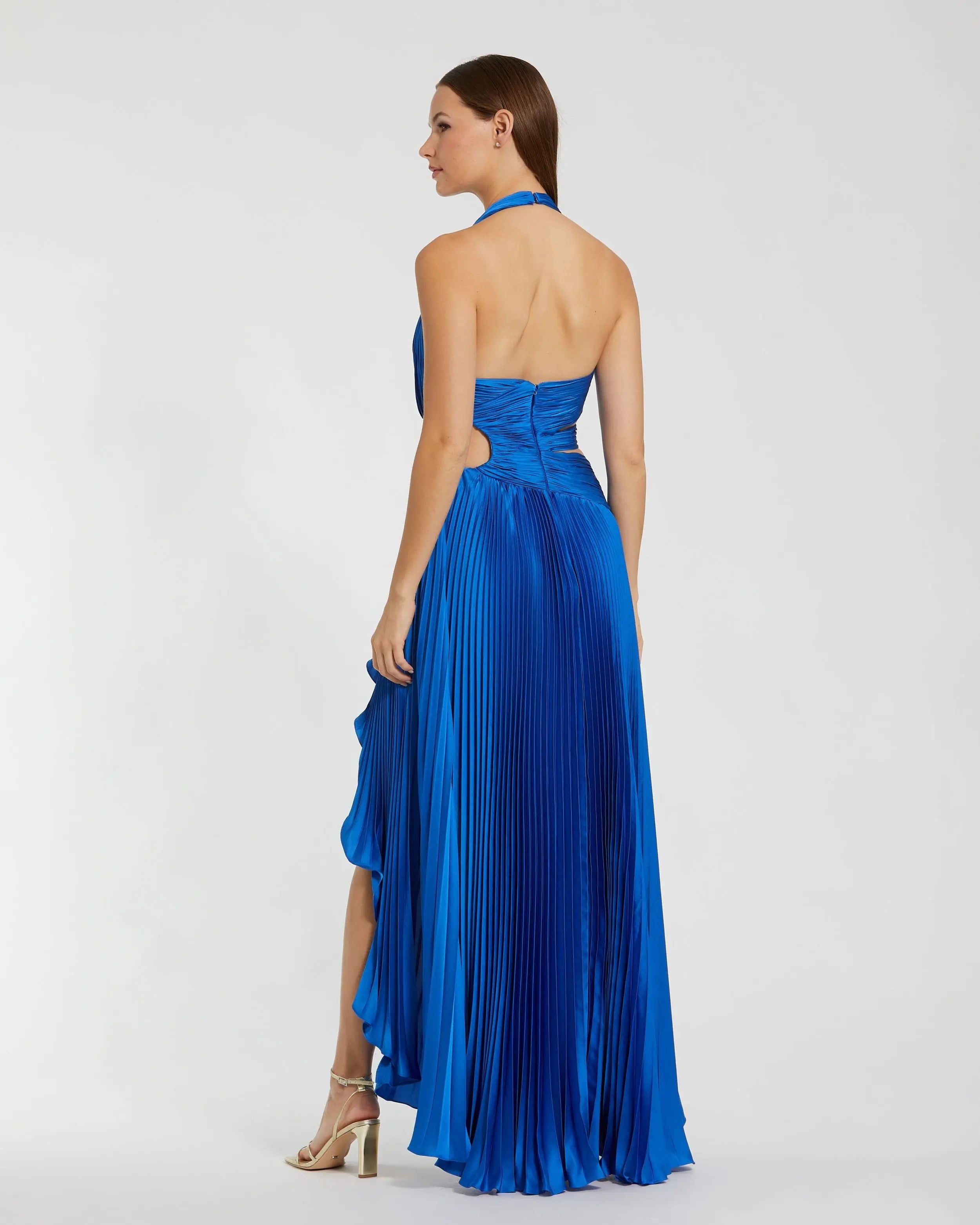 Blue Halter Neck Pleated Charmeuse Cut Out Gown-Myartka