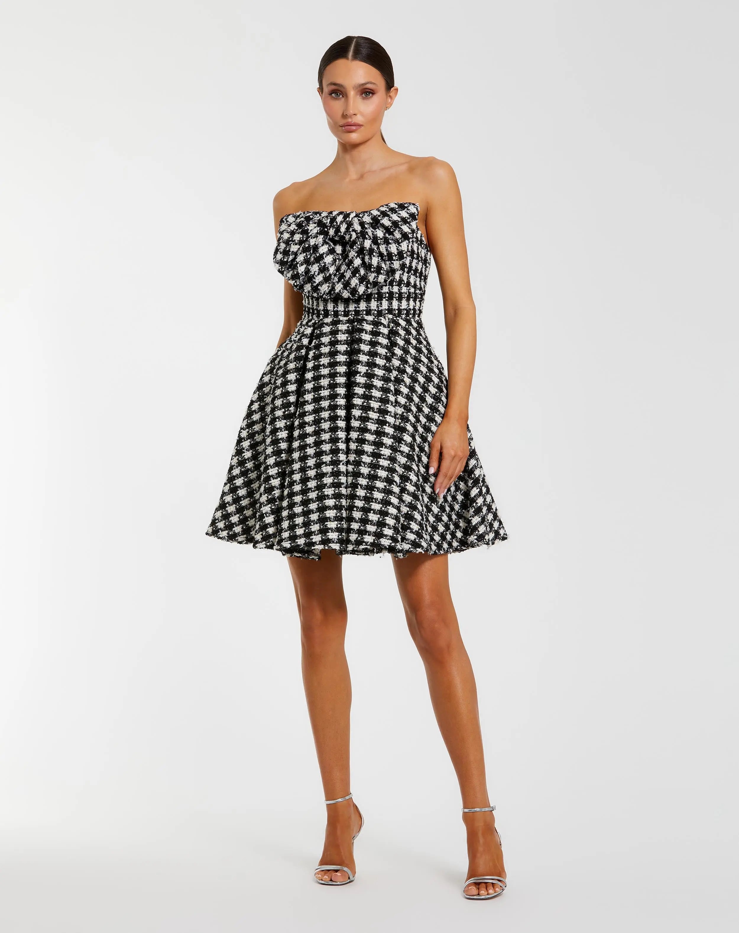 Black and White Strapless Boucle Mini Dress With Bow-Myartka
