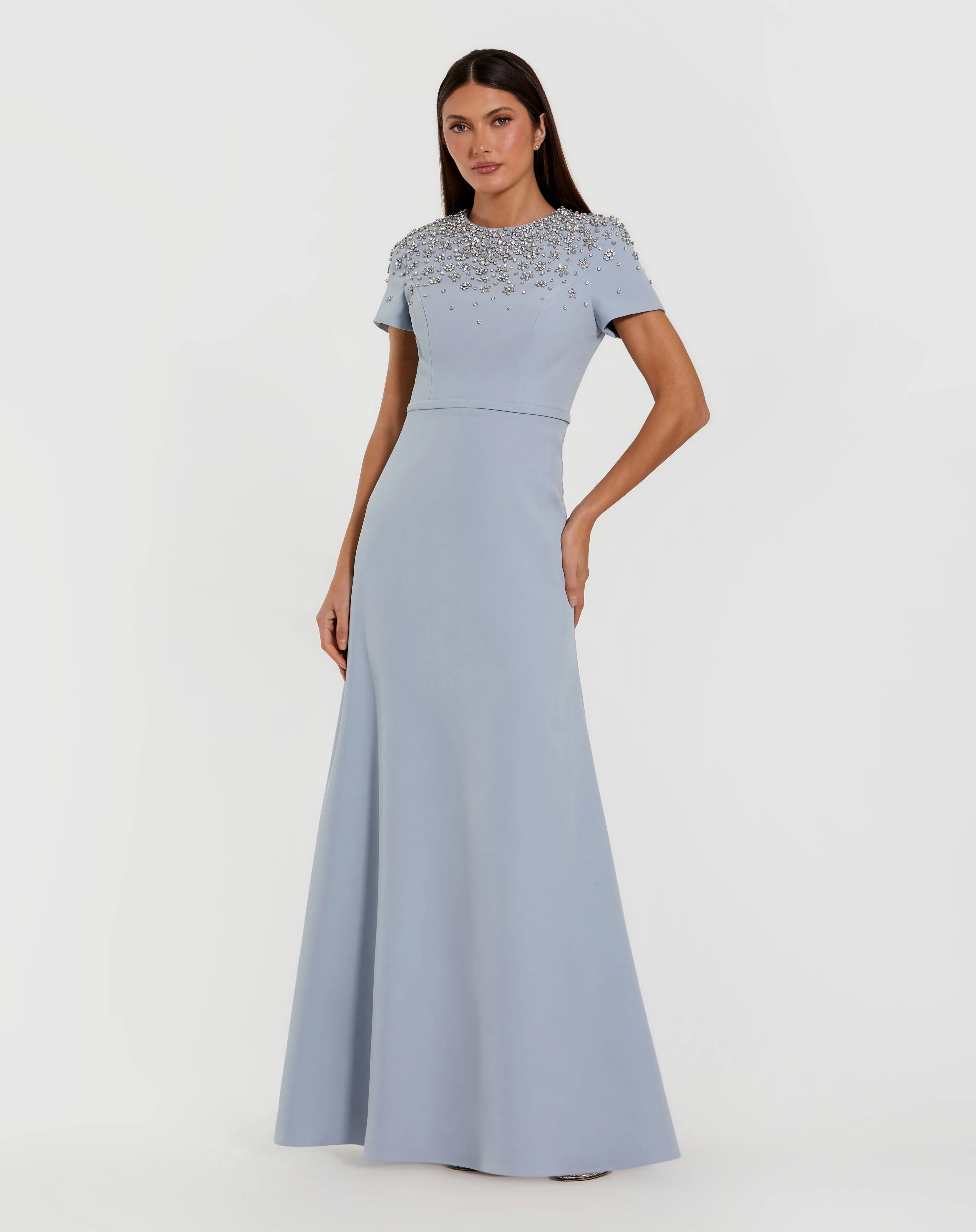 Blue High Neck Rhinestone Embellished Crepe Gown-Myartka