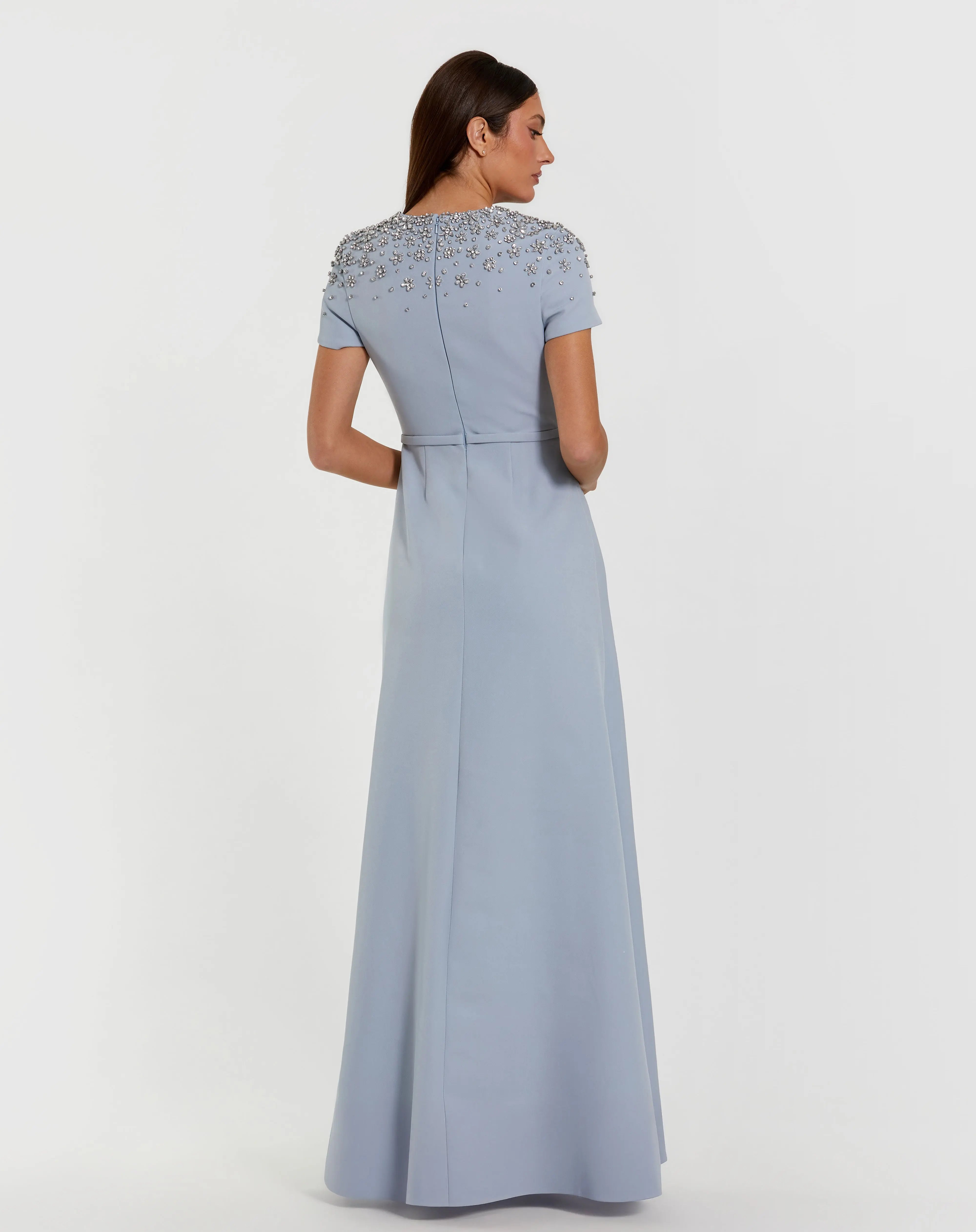 Blue High Neck Rhinestone Embellished Crepe Gown-Myartka