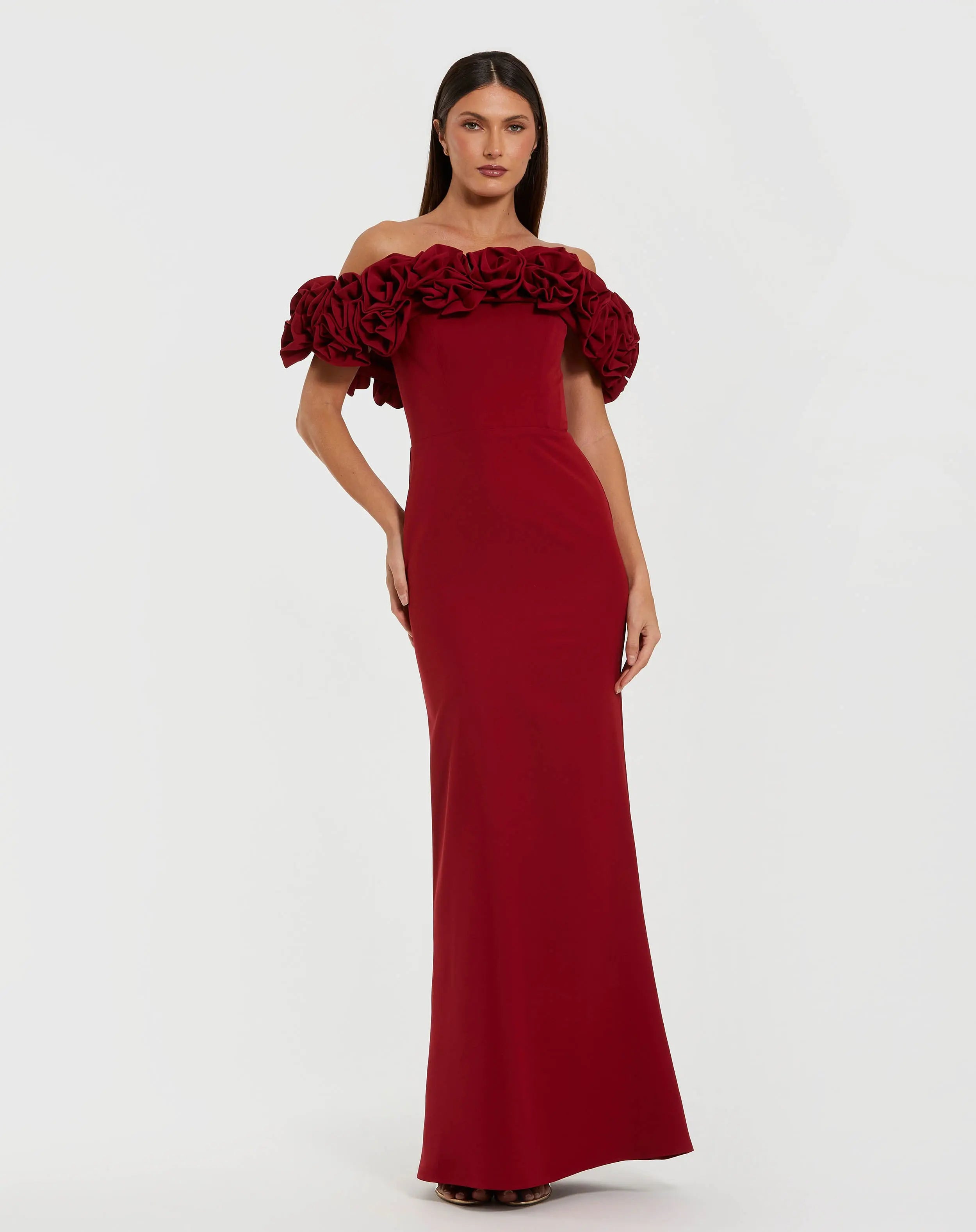 Red Crepe Off The Shoulder Column Gown With 3D Roses-Myartka