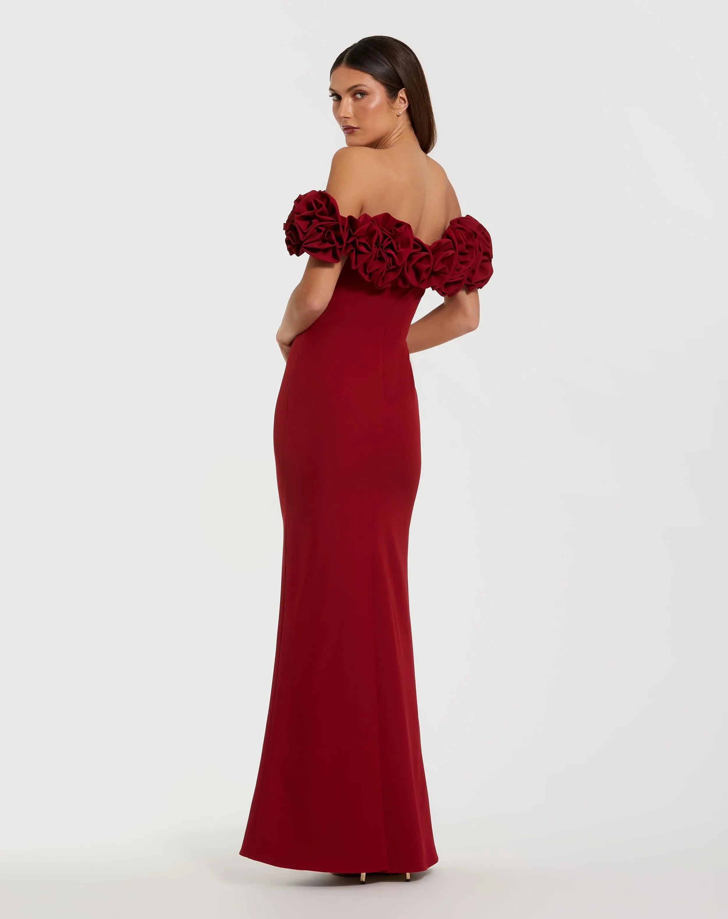 Red Crepe Off The Shoulder Column Gown With 3D Roses-Myartka