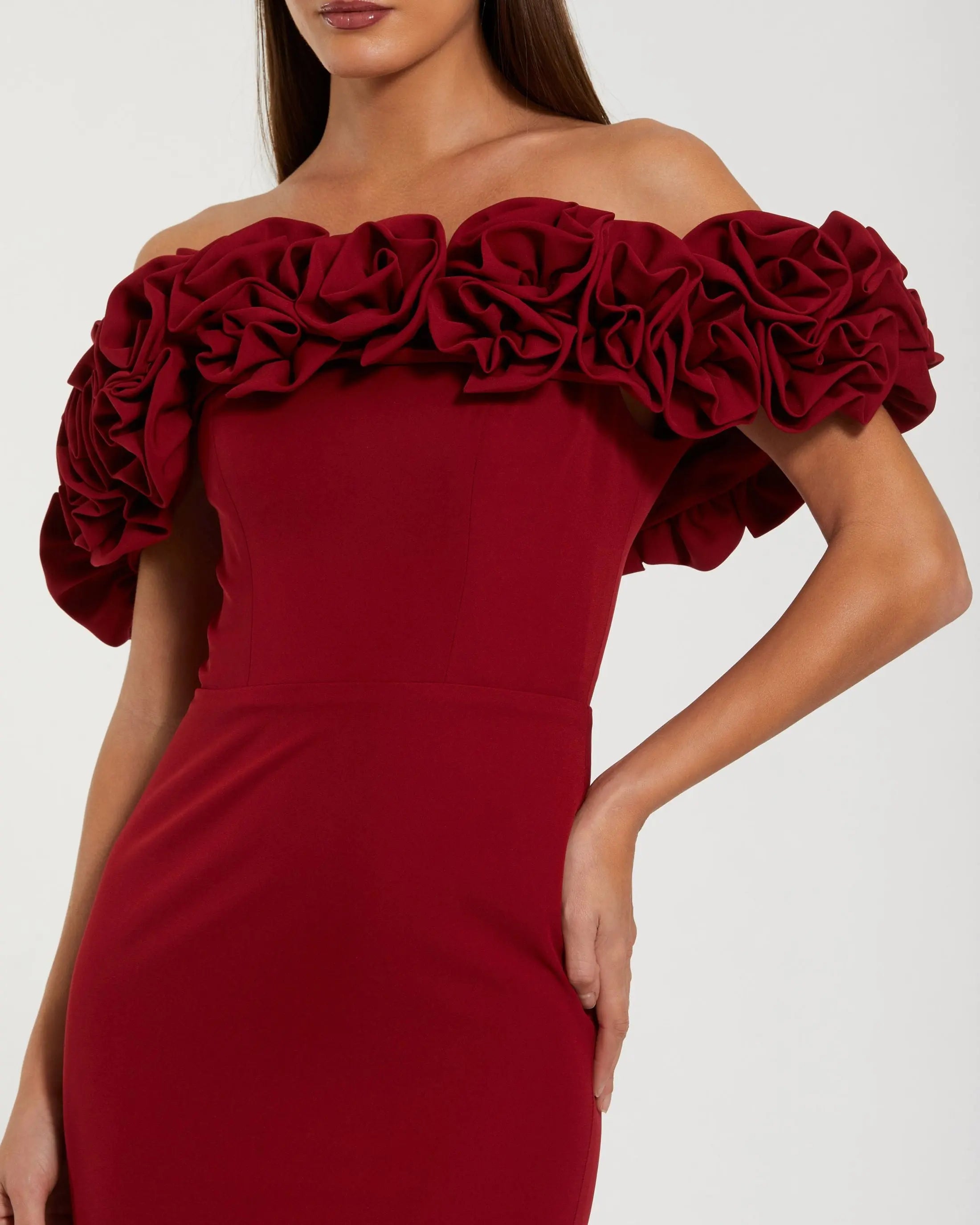 Red Crepe Off The Shoulder Column Gown With 3D Roses-Myartka