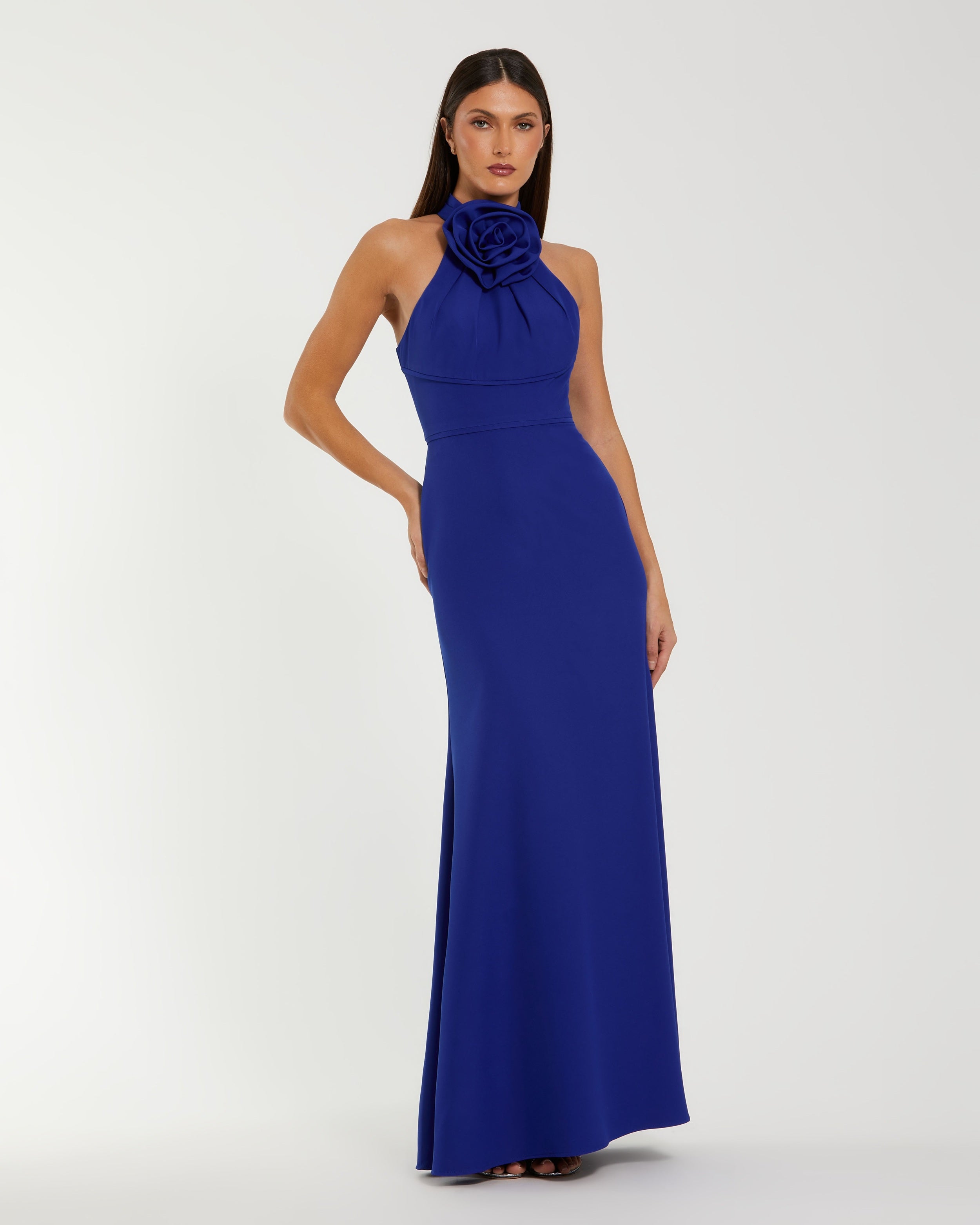 Blue Sleeveless Halter Neck Gown with Rosette Detail-Myartka