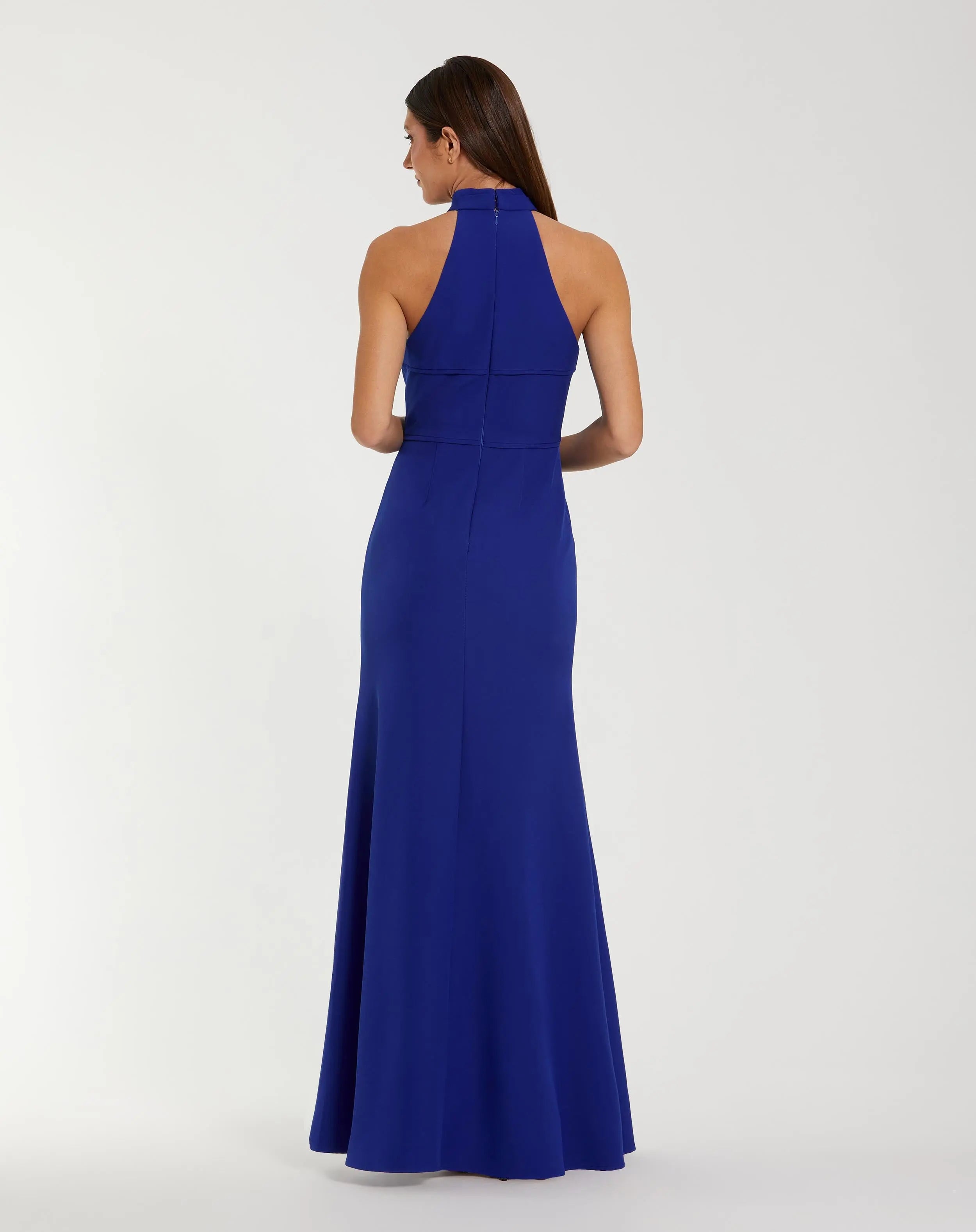 Blue Sleeveless Halter Neck Gown with Rosette Detail-Myartka