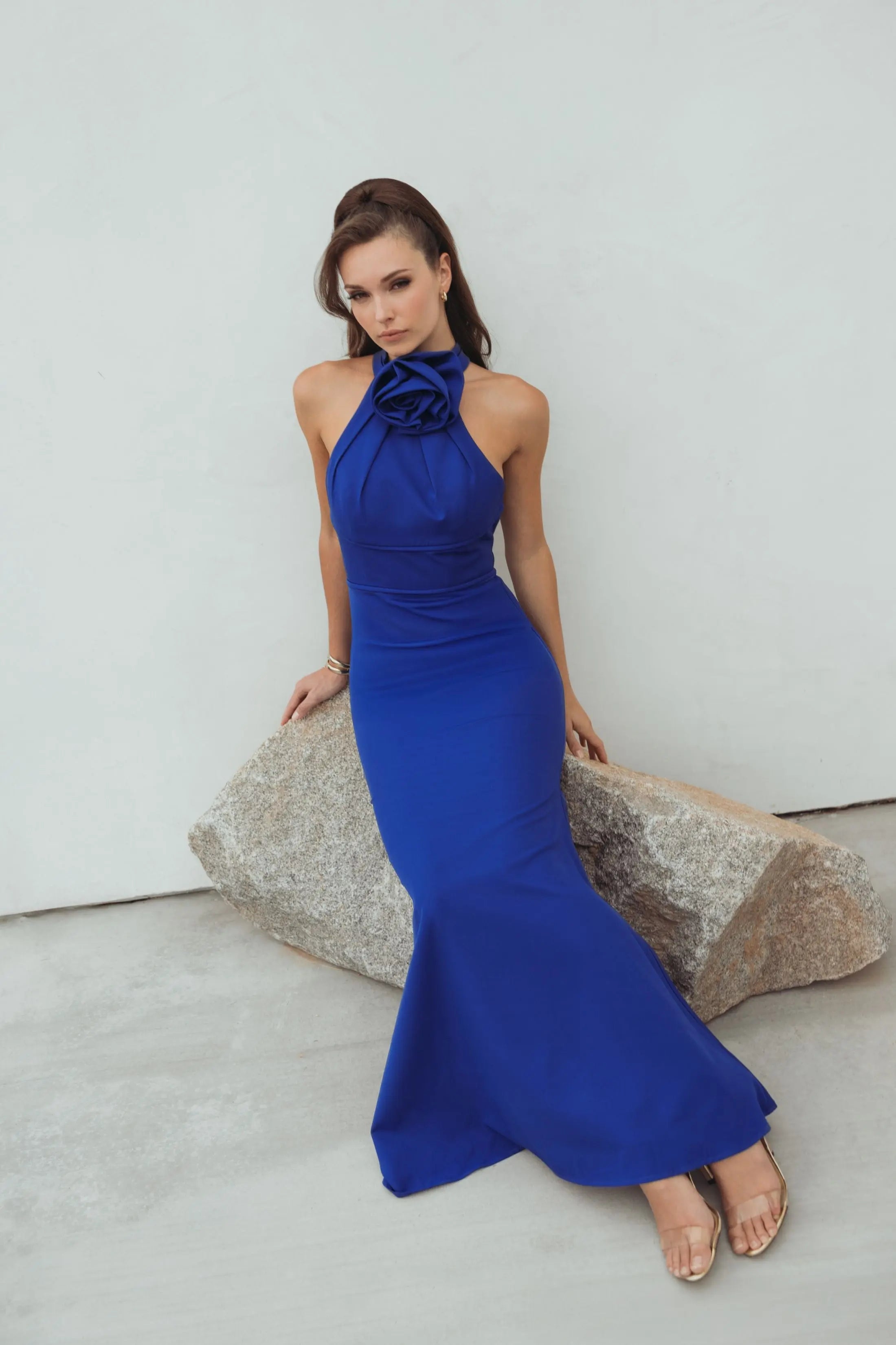 Blue Sleeveless Halter Neck Gown with Rosette Detail-Myartka