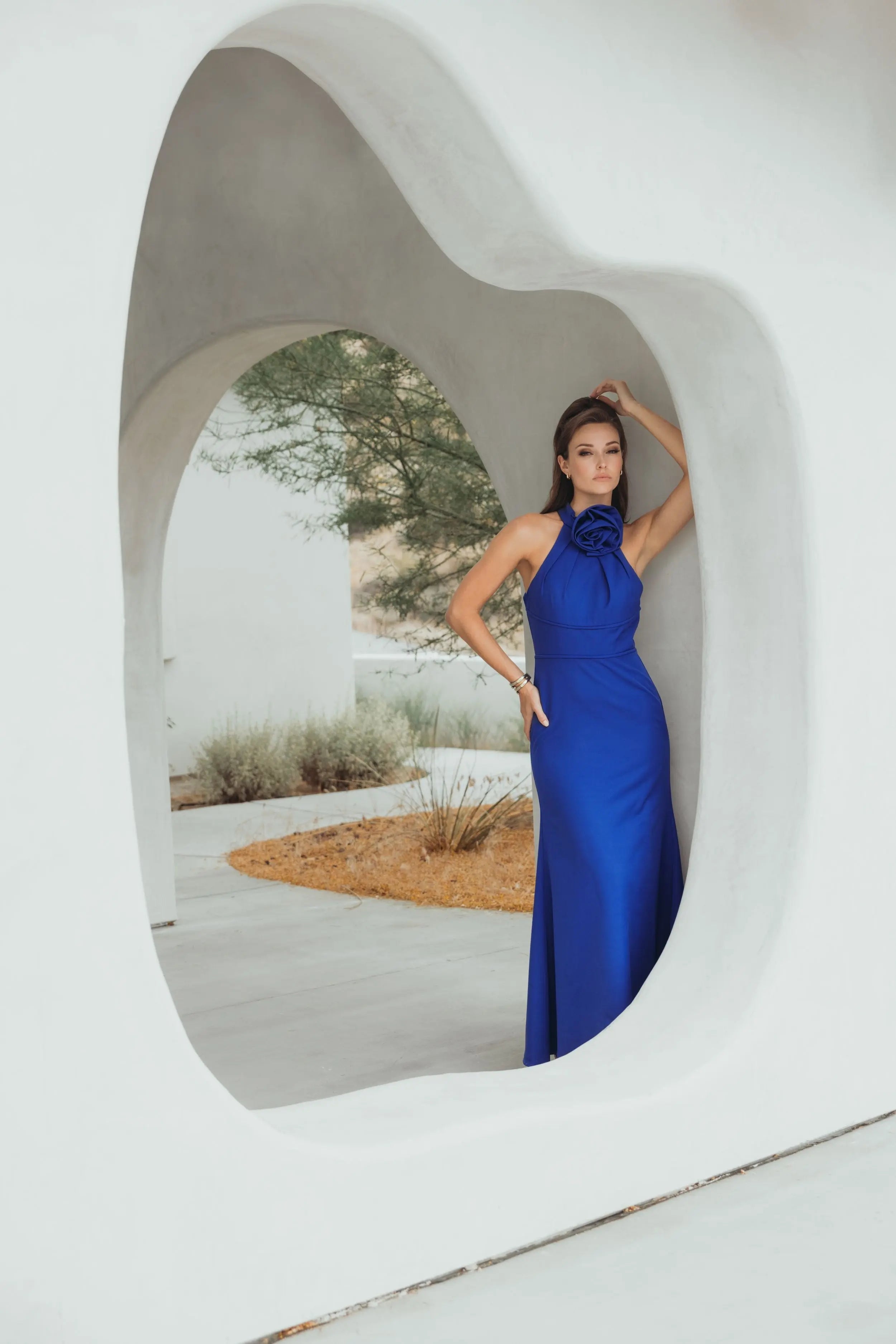 Blue Sleeveless Halter Neck Gown with Rosette Detail-Myartka
