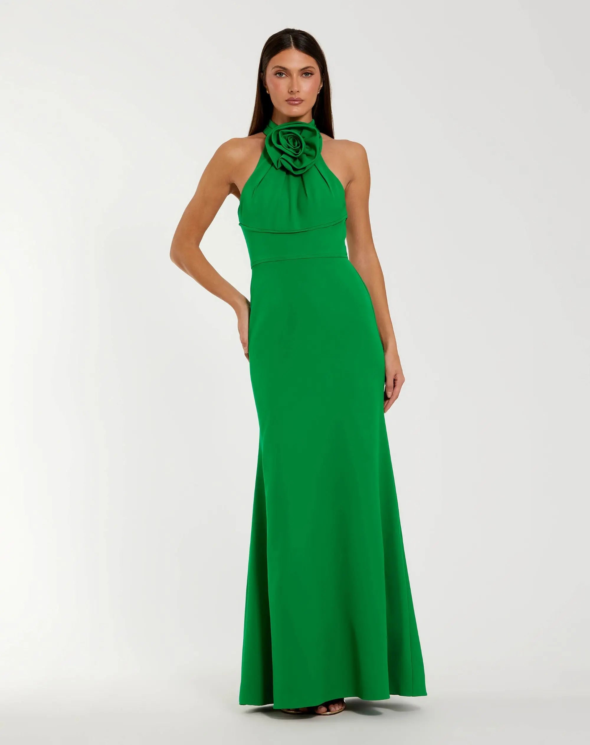 Green Sleeveless Halter Neck Gown with Rosette Detail-Myartka