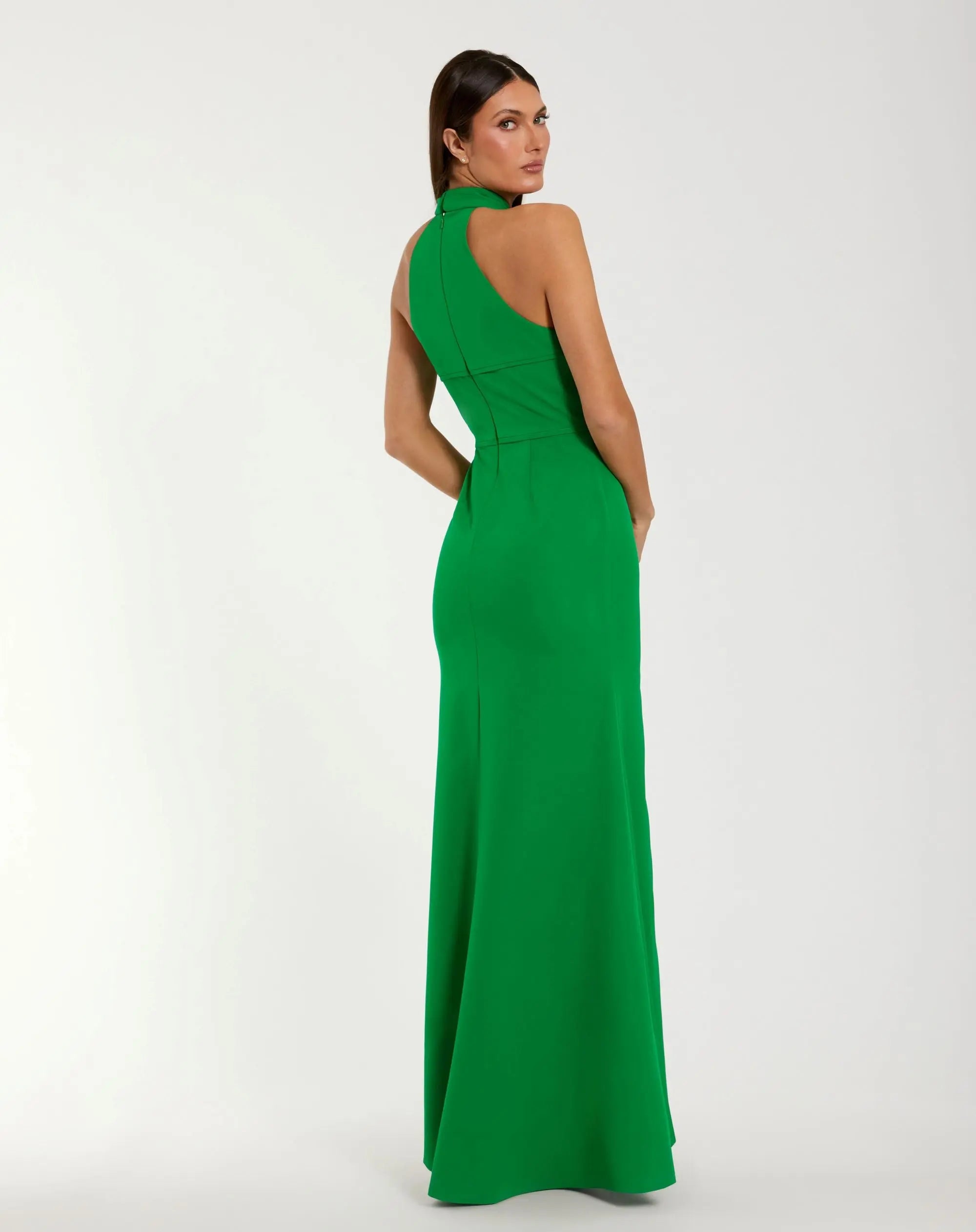 Green Sleeveless Halter Neck Gown with Rosette Detail-Myartka