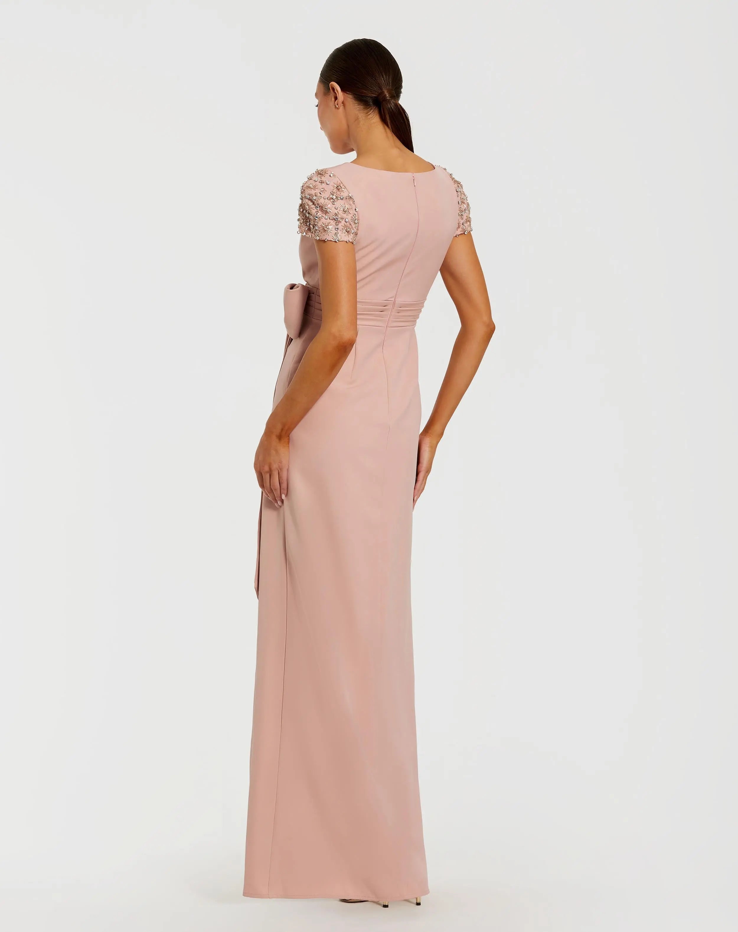 Pink Beaded Cap Sleeve Crepe Gown With Bow and Slit-Myartka
