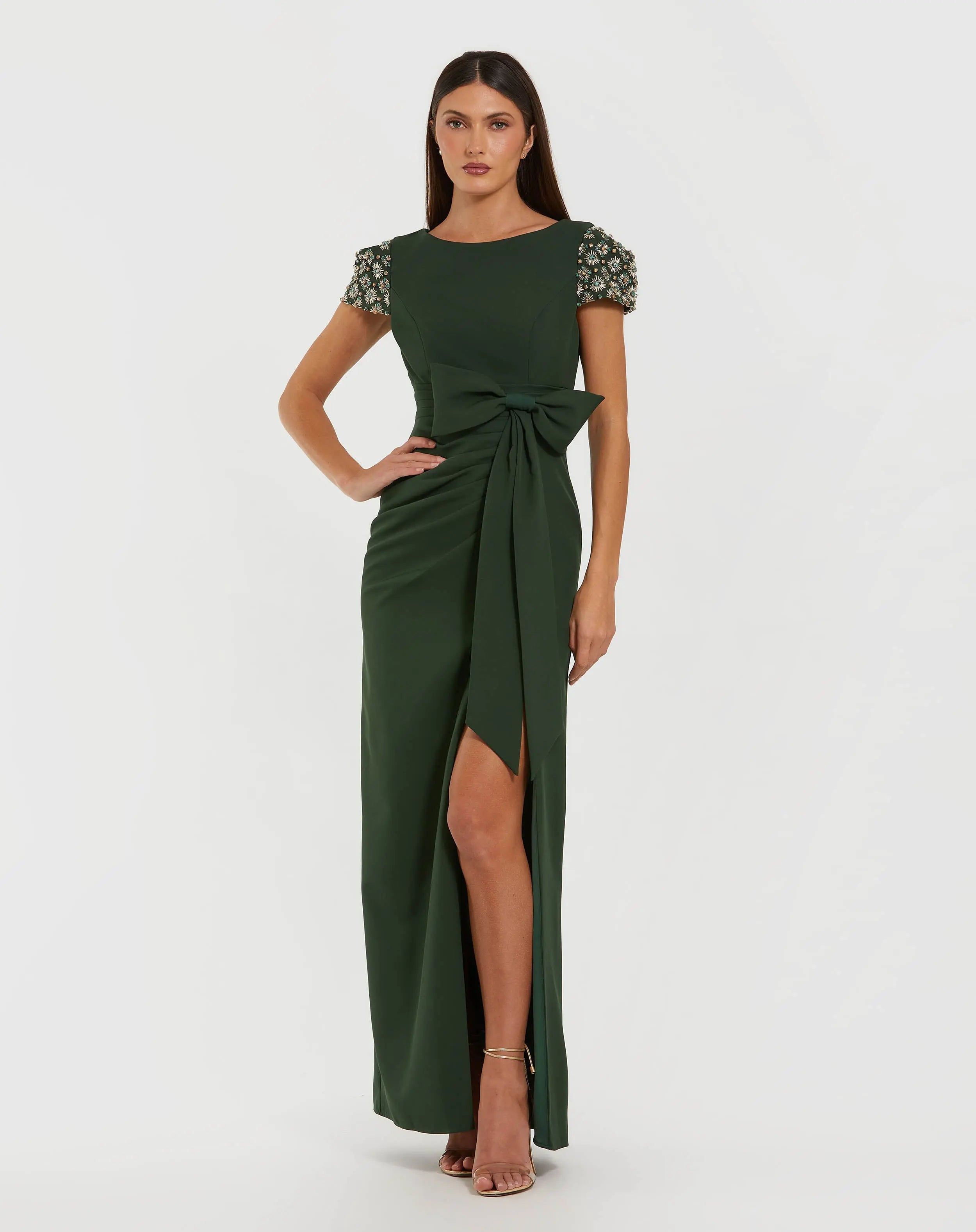 Dark Green Beaded Cap Sleeve Crepe Gown With Bow and Slit-Myartka