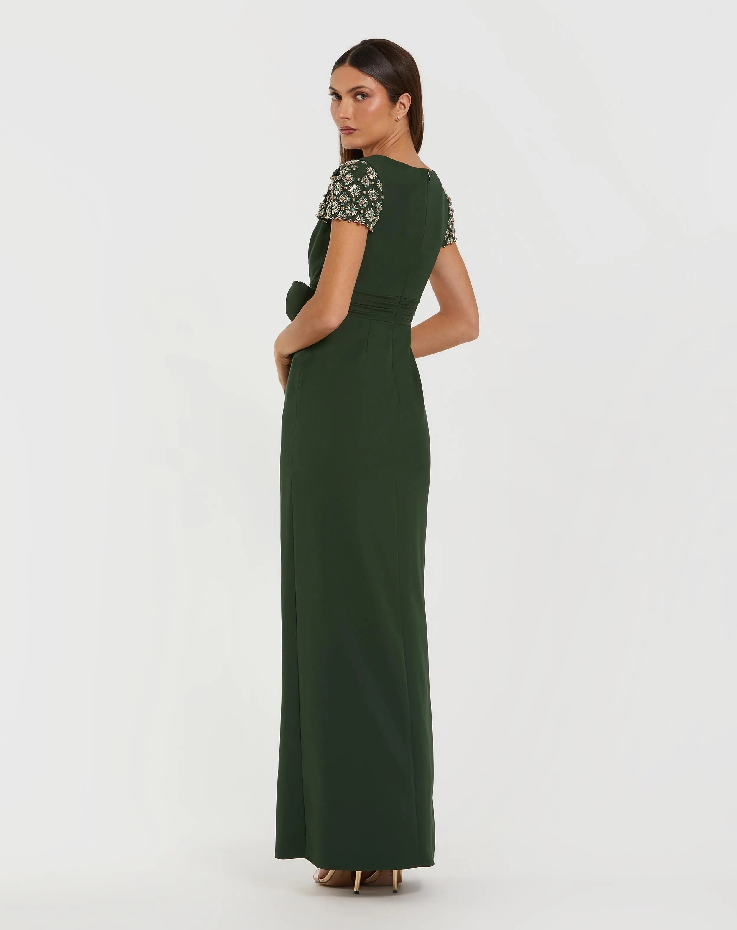 Dark Green Beaded Cap Sleeve Crepe Gown With Bow and Slit-Myartka