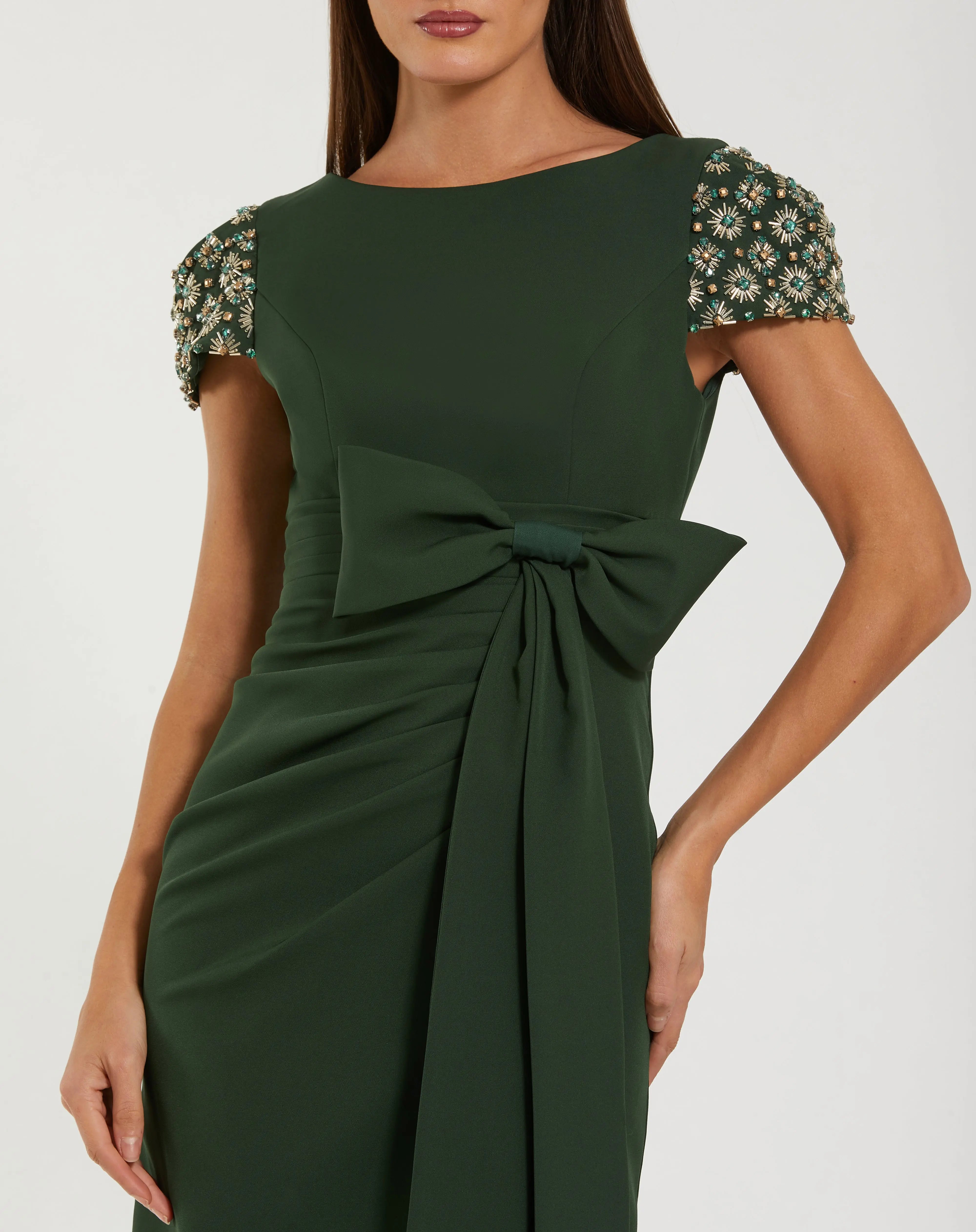 Dark Green Beaded Cap Sleeve Crepe Gown With Bow and Slit-Myartka